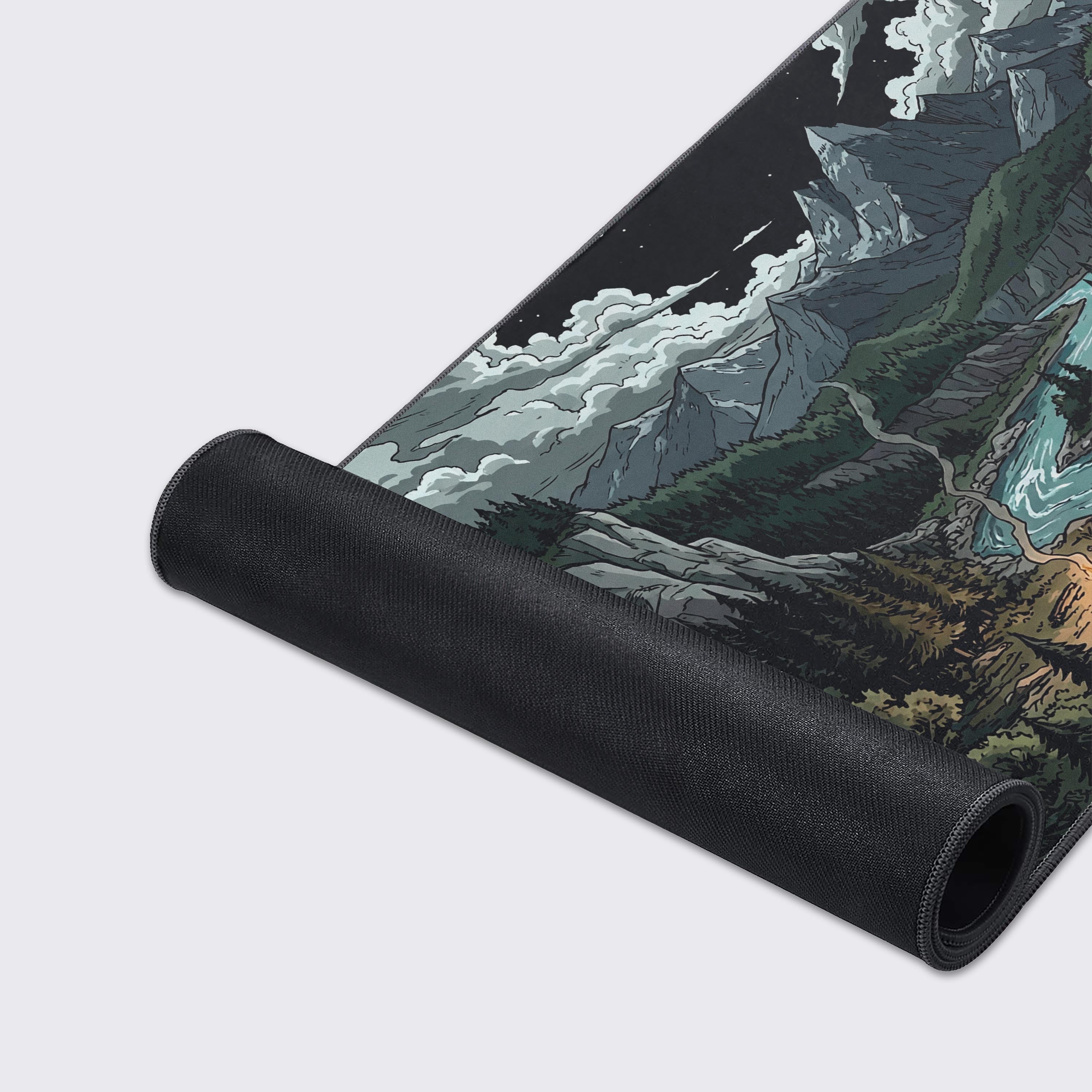 Close-up of the Valley Campfire mouse pad's detailed illustration and durable stitched edges, showcasing its premium, smooth fabric texture. - Epic Design Pads & Mousepads