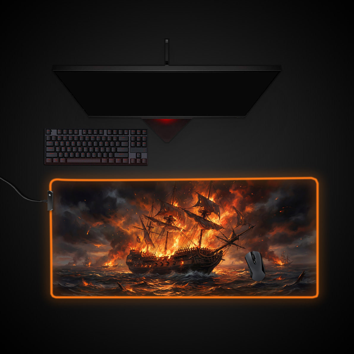 Burning Galleon desk mat with RGB edge lighting