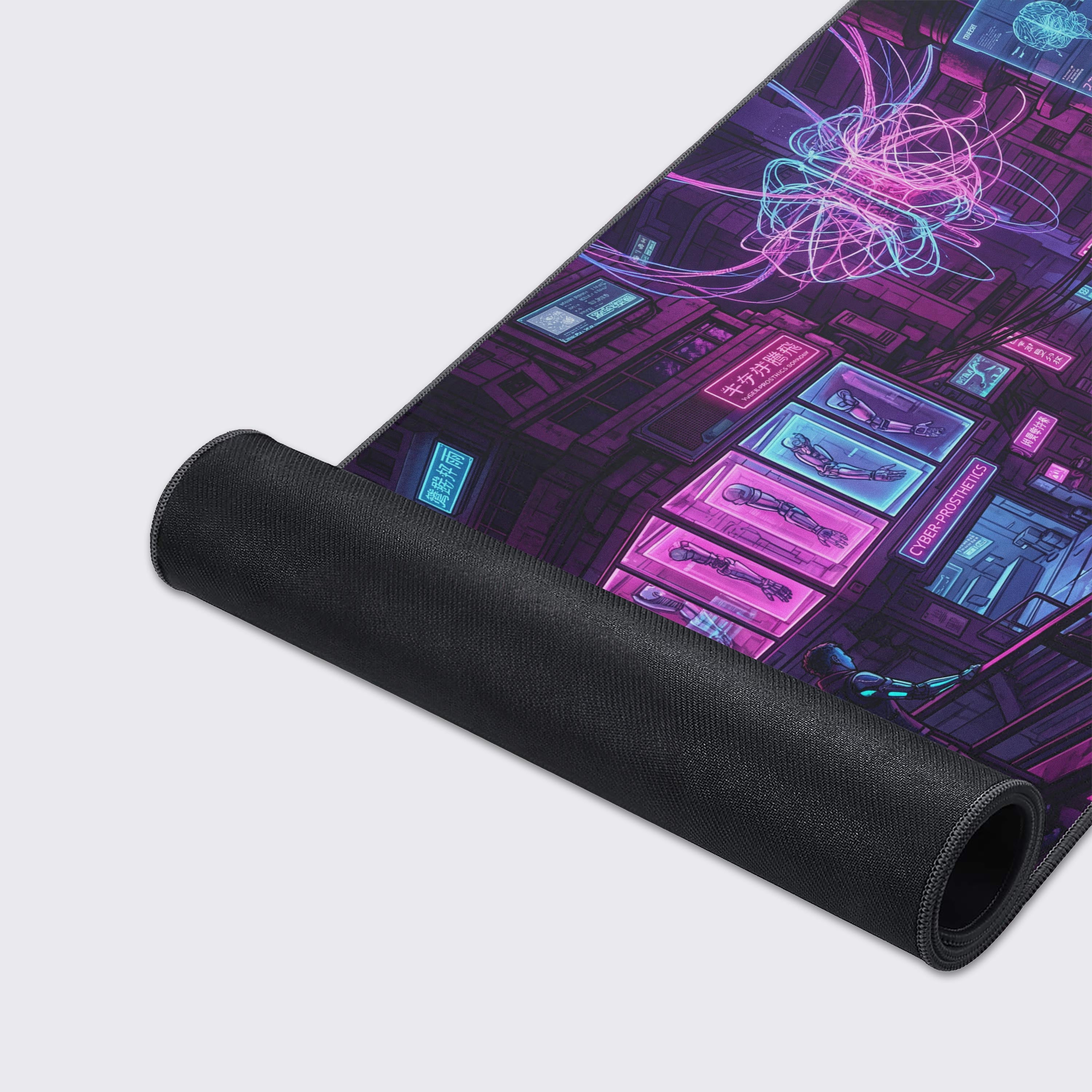 A close-up of the Neural Datahaven gaming desk mat, highlighting its smooth fabric texture, stitched edges, and detailed futuristic city artwork. - Epic Design Pads & Mousepads
