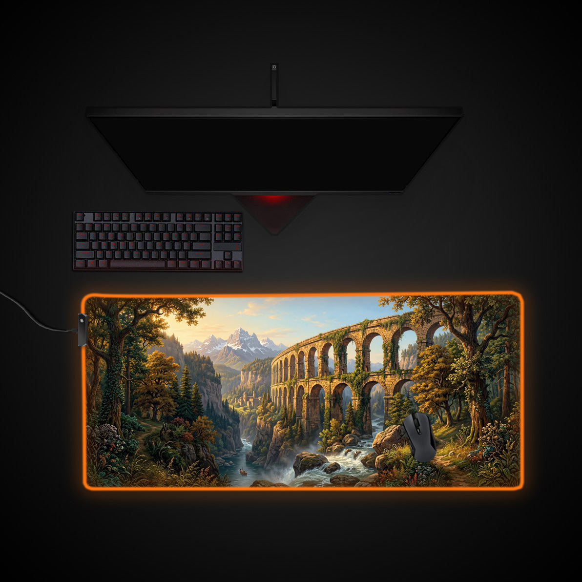 Ancient Aqueduct desk mat with RGB edge lighting