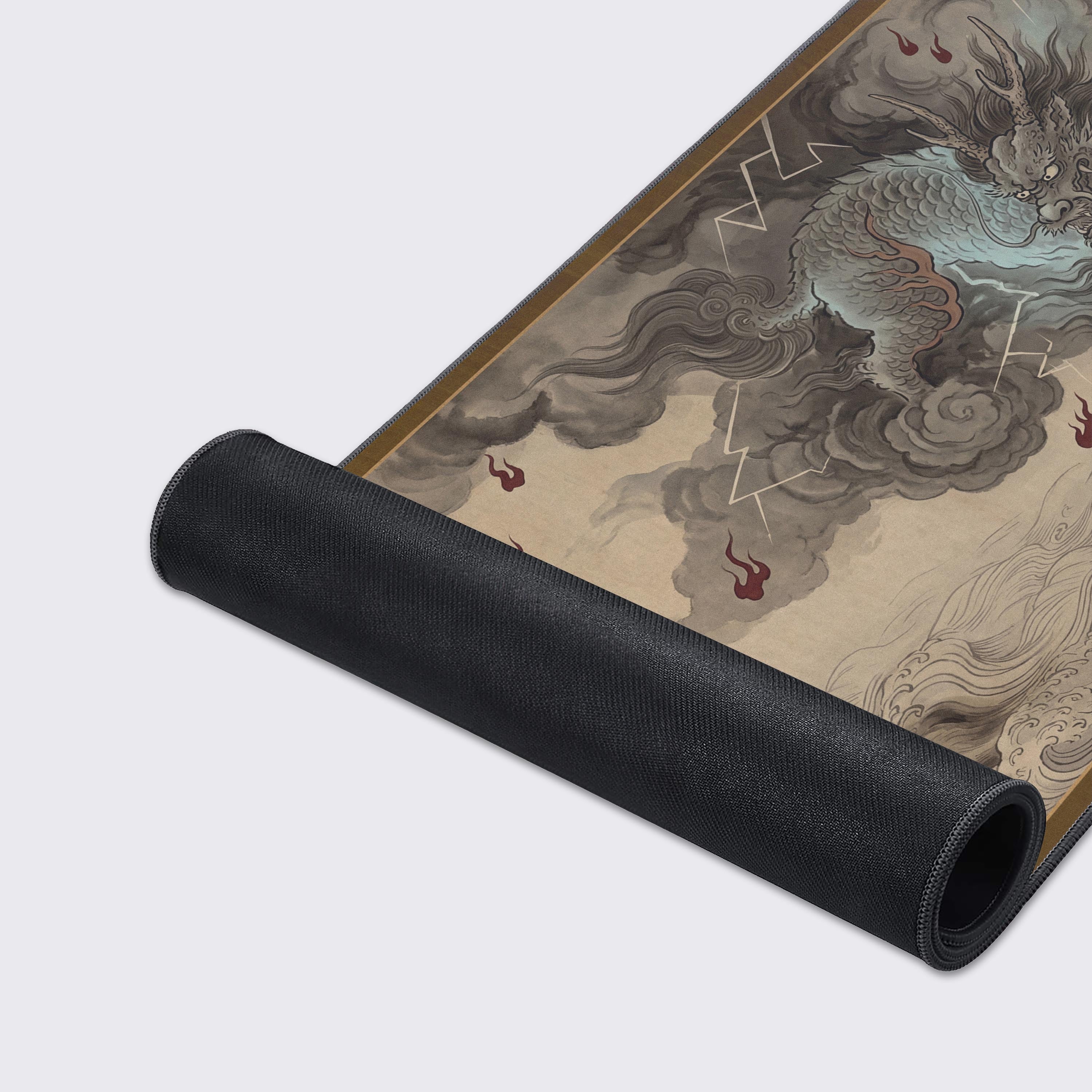 A close-up of the Samurai's Stand gaming desk mat, highlighting the smooth texture and durable stitched edges with the vintage samurai artwork visible. - Epic Design Pads & Mousepads
