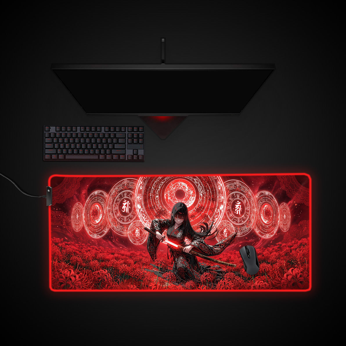 Crimson Spell desk mat with RGB edge lighting