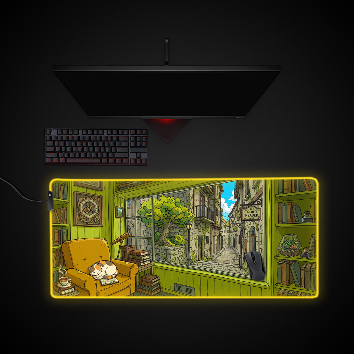 The Quiet Reader desk mat with RGB edge lighting