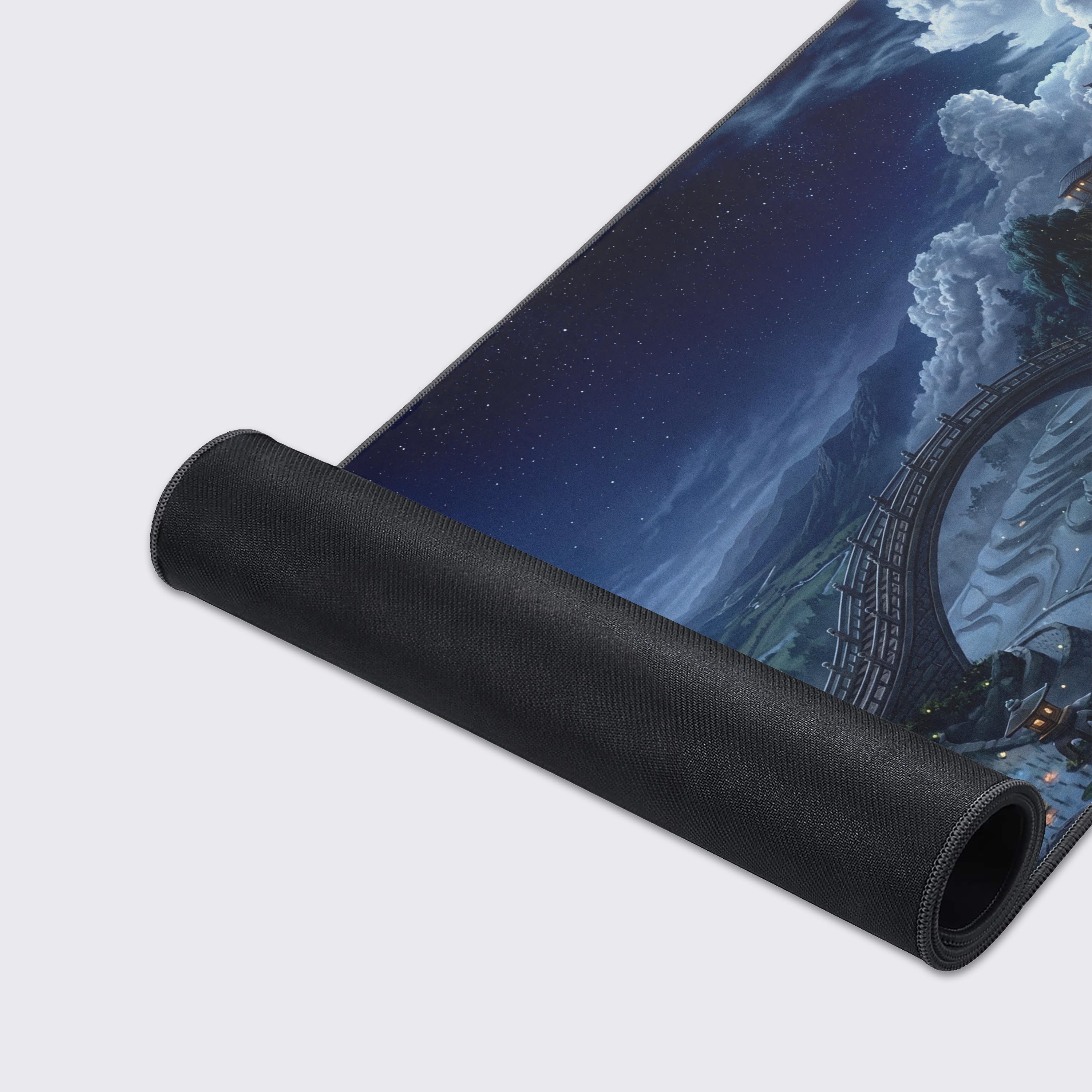 Close-up of the Moonlit Terraces gaming desk mat highlighting the smooth fabric texture, stitched edges, and detailed artwork of the serene pagoda at night. - Epic Design Pads & Mousepads