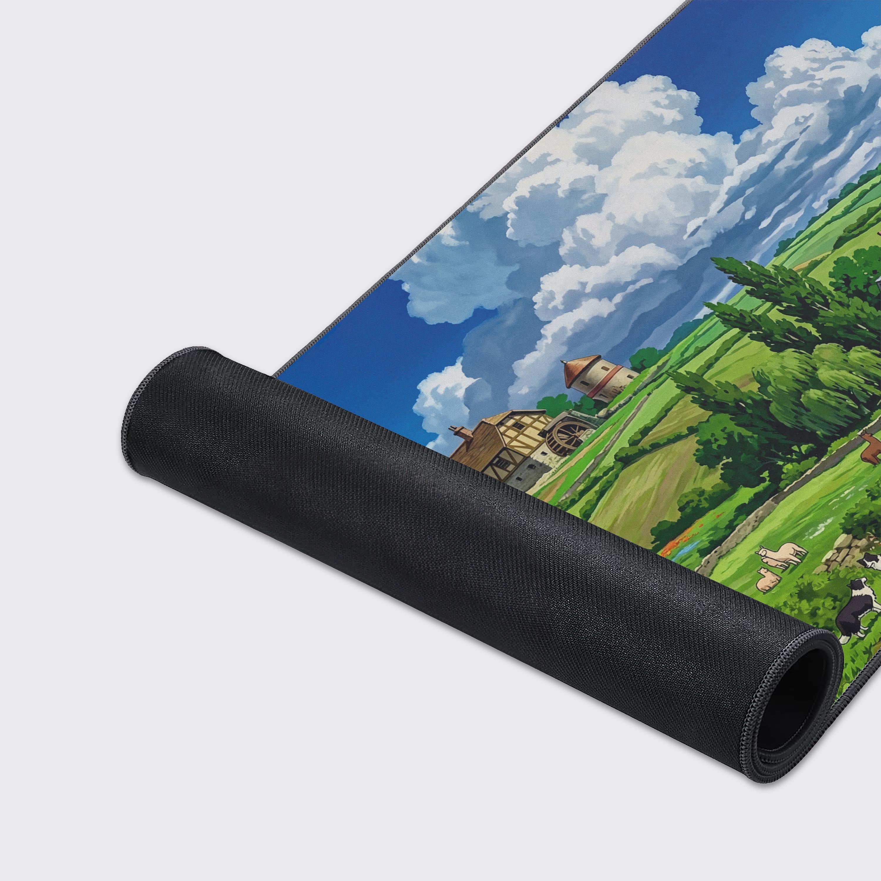 Close-up shot of the Quiet Meadow Farm gaming desk mat, highlighting the detailed anime artwork of a farm and the high-quality stitched edges of the fabric. - Epic Design Pads & Mousepads