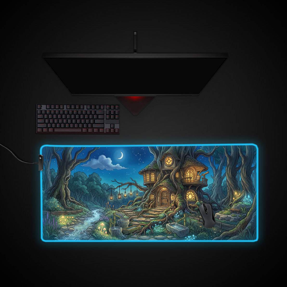 Mystic Treehouse desk mat with RGB edge lighting