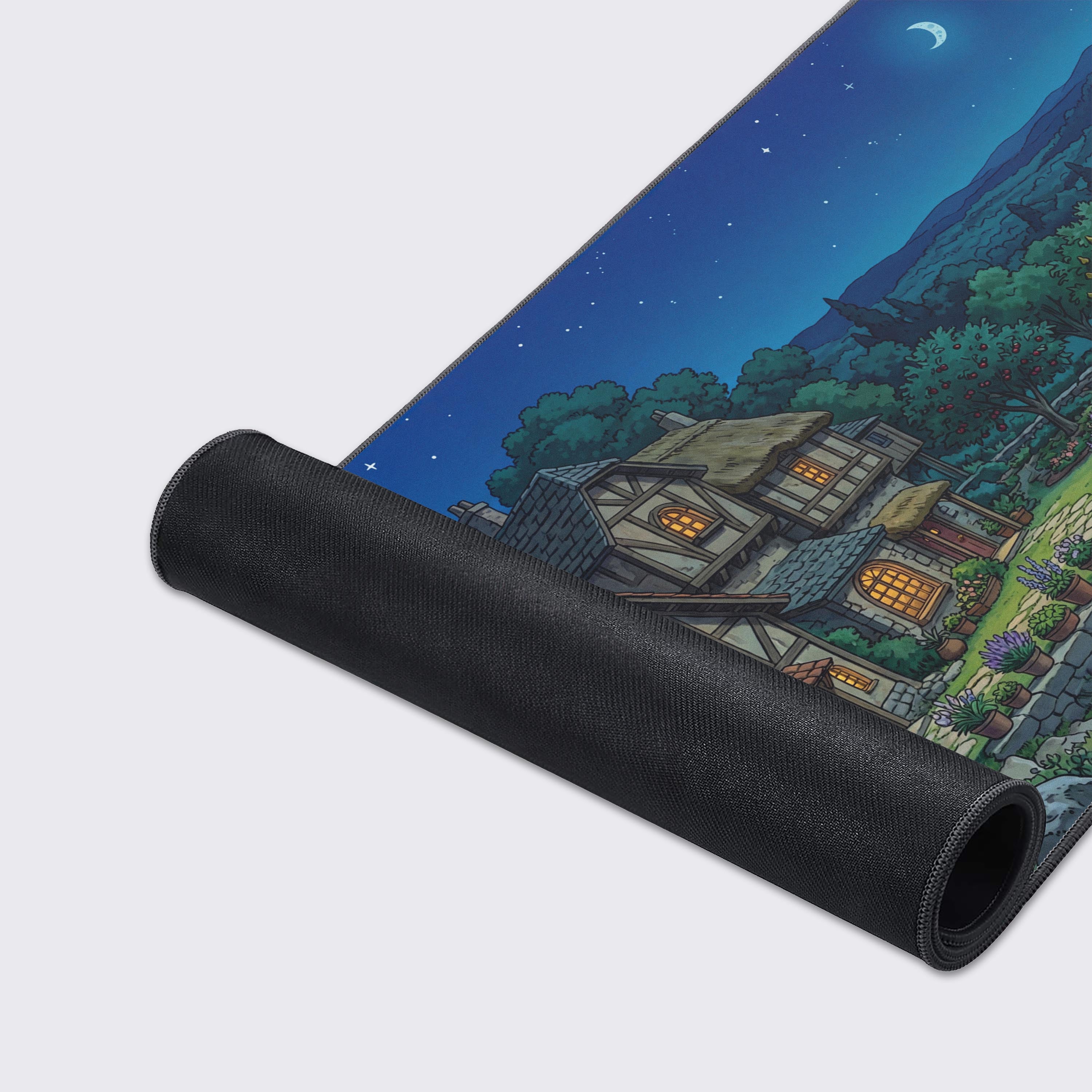 A detailed close-up of the Midnight Hamlet gaming desk mat, highlighting the quality fabric texture, anti-fray stitched edges, and vibrant illustrated artwork. - Epic Design Pads & Mousepads