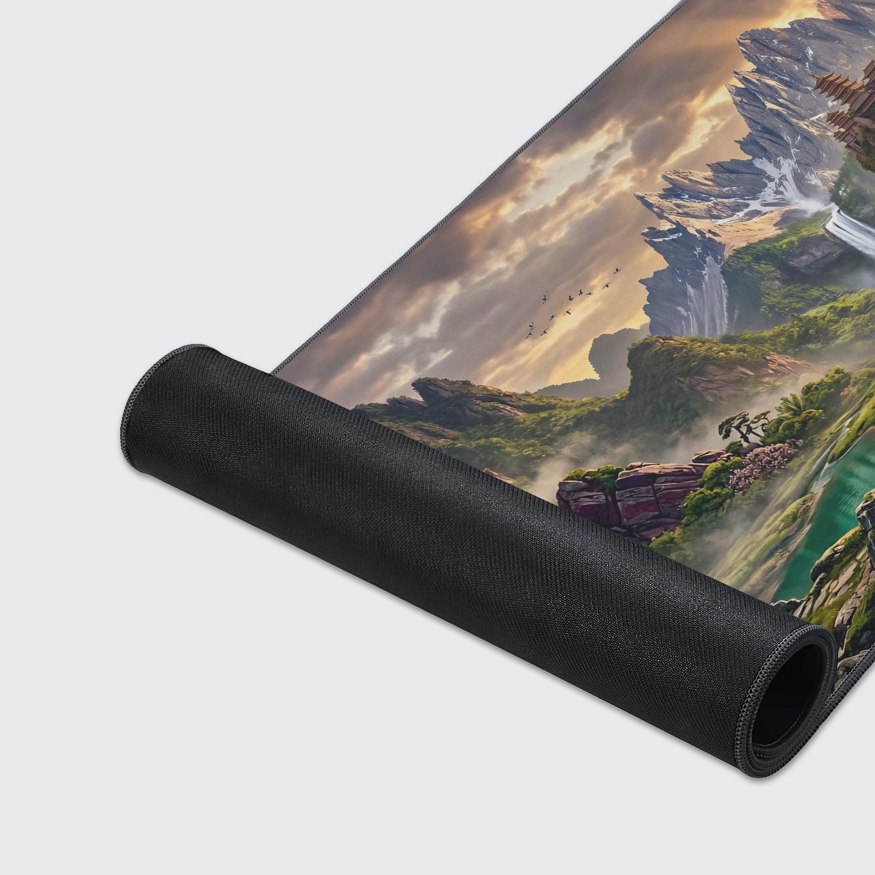 A detailed shot of the Imperial River Valley mouse pad, showcasing its smooth texture and high-quality stitched edges against the intricate pagoda artwork. - Epic Design Pads & Mousepads