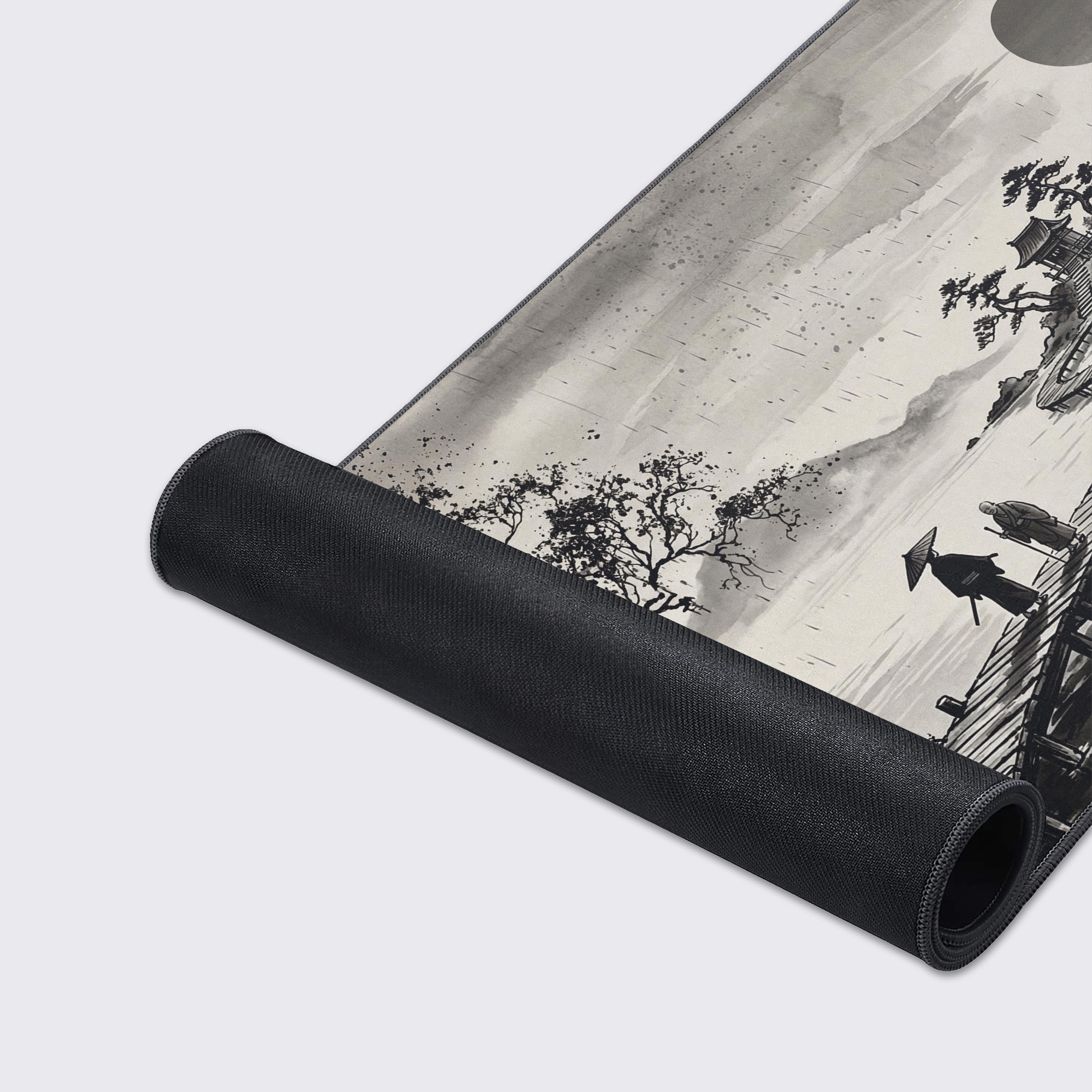 A detailed close-up of the Stoic Waters mouse pad, highlighting the smooth fabric texture and durable stitched edges of the Japanese art design. - Epic Design Pads & Mousepads