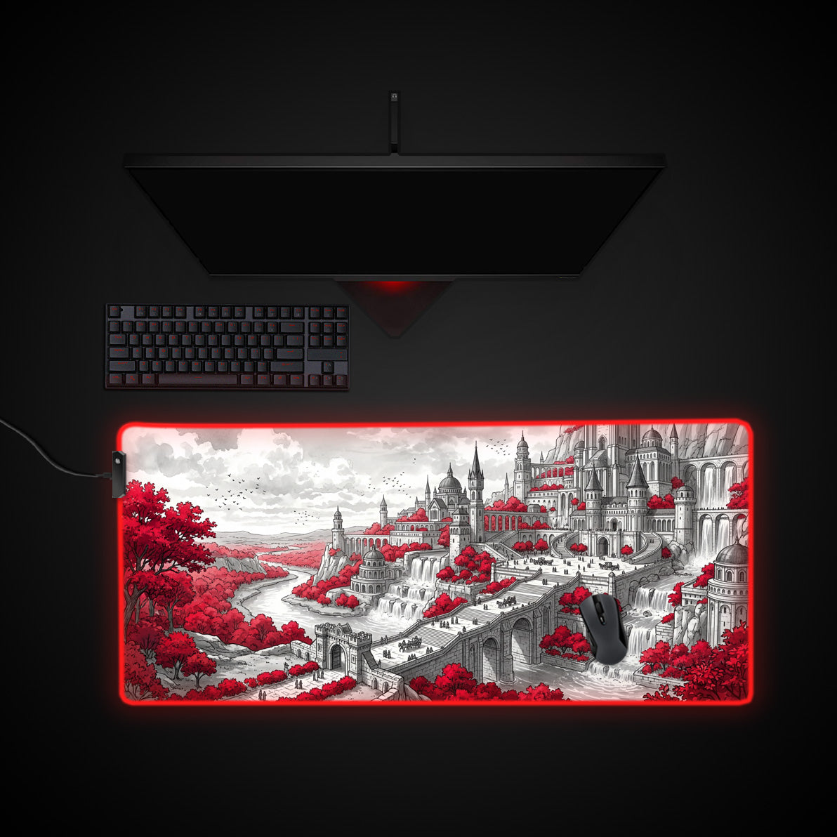 Redwater Realm desk mat with RGB edge lighting