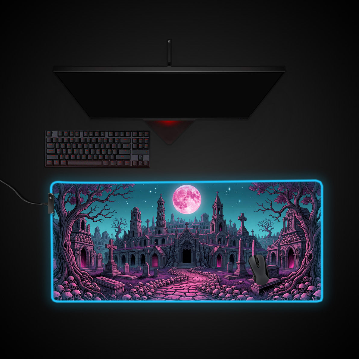 Lunar Boneyard desk mat with RGB edge lighting