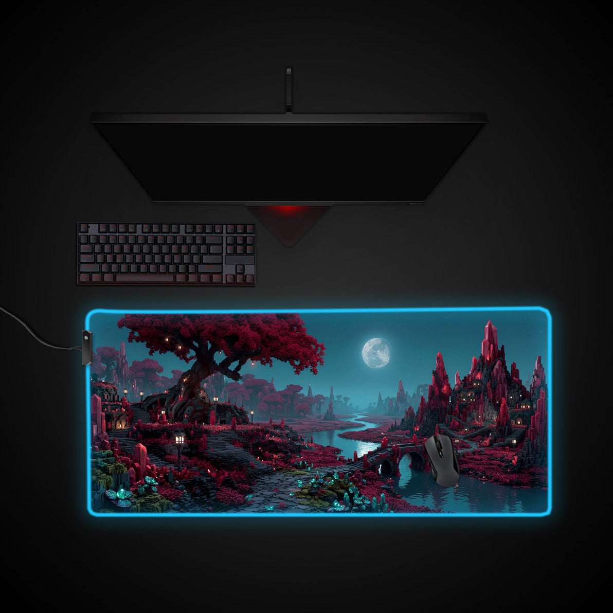 Voxel Valley desk mat with RGB edge lighting
