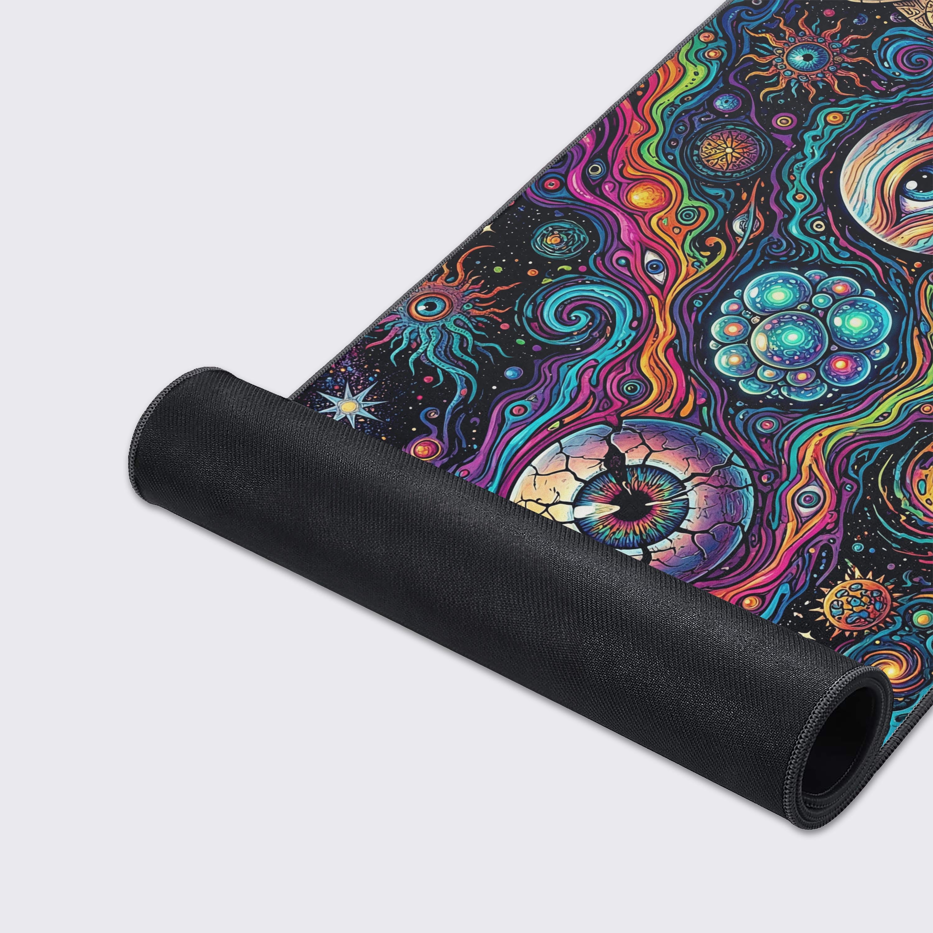Close-up of the Astral Awakening mouse pad's high-quality stitched edges and smooth fabric texture, showcasing its detailed, colorful psychedelic space artwork. - Epic Design Pads & Mousepads