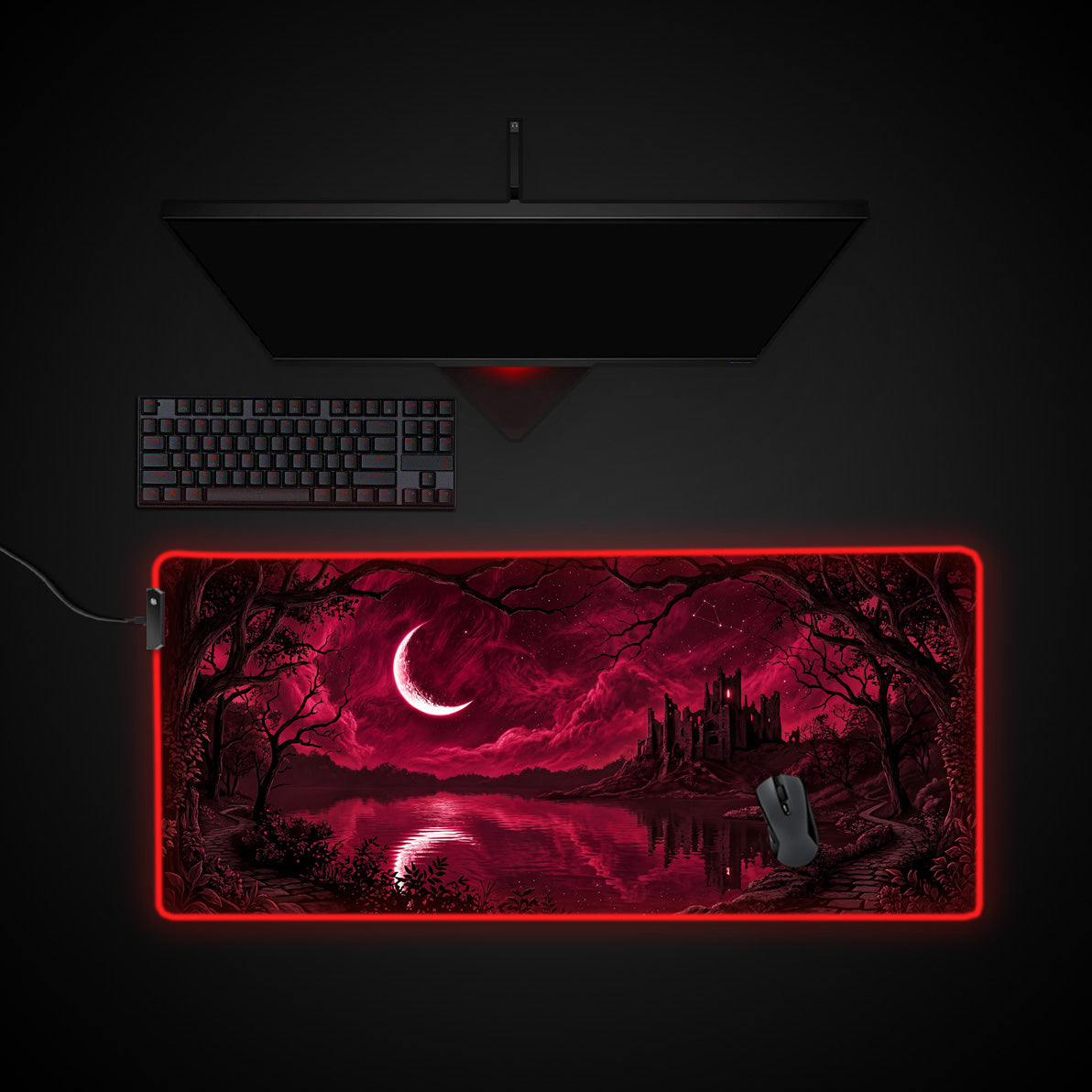 Blood Moon Keep desk mat with RGB edge lighting