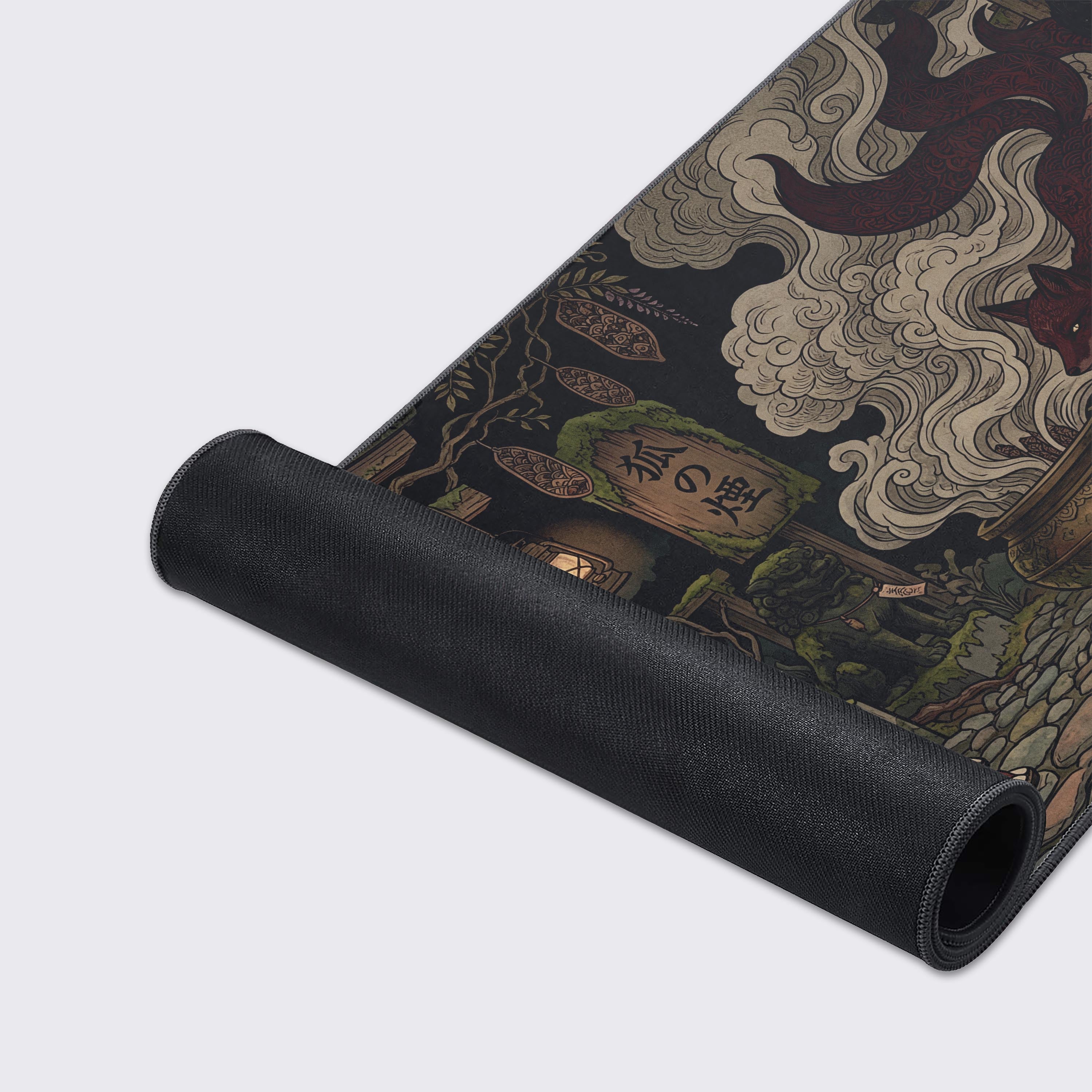 Close-up of the Yokai Incense gaming desk mat, highlighting the detailed ukiyo-e artwork, smooth fabric texture, and durable stitched edges. - Epic Design Pads & Mousepads