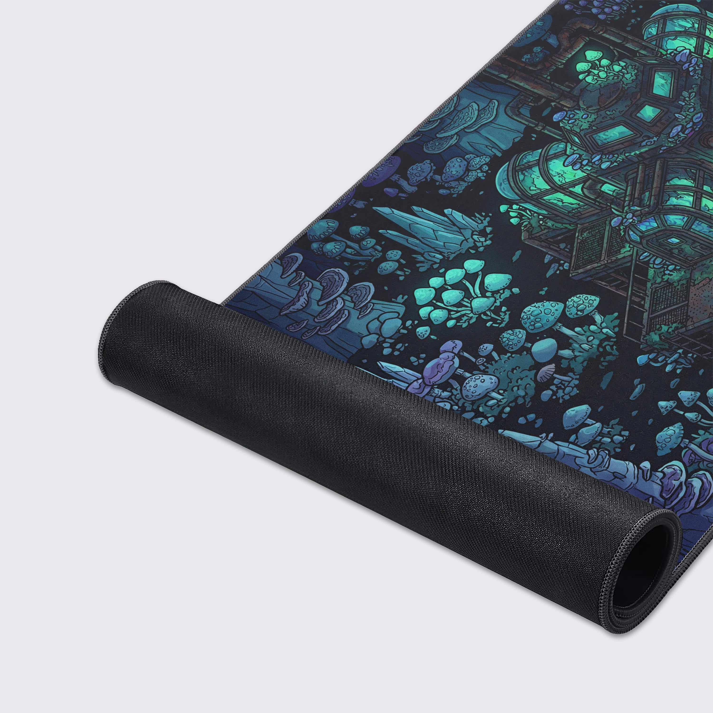 Close-up of the Fungal Frontier mouse pad's high-quality fabric texture and durable stitched edges, showcasing the detailed isometric artwork of the glowing sci-fi research outpost. - Epic Design Pads & Mousepads