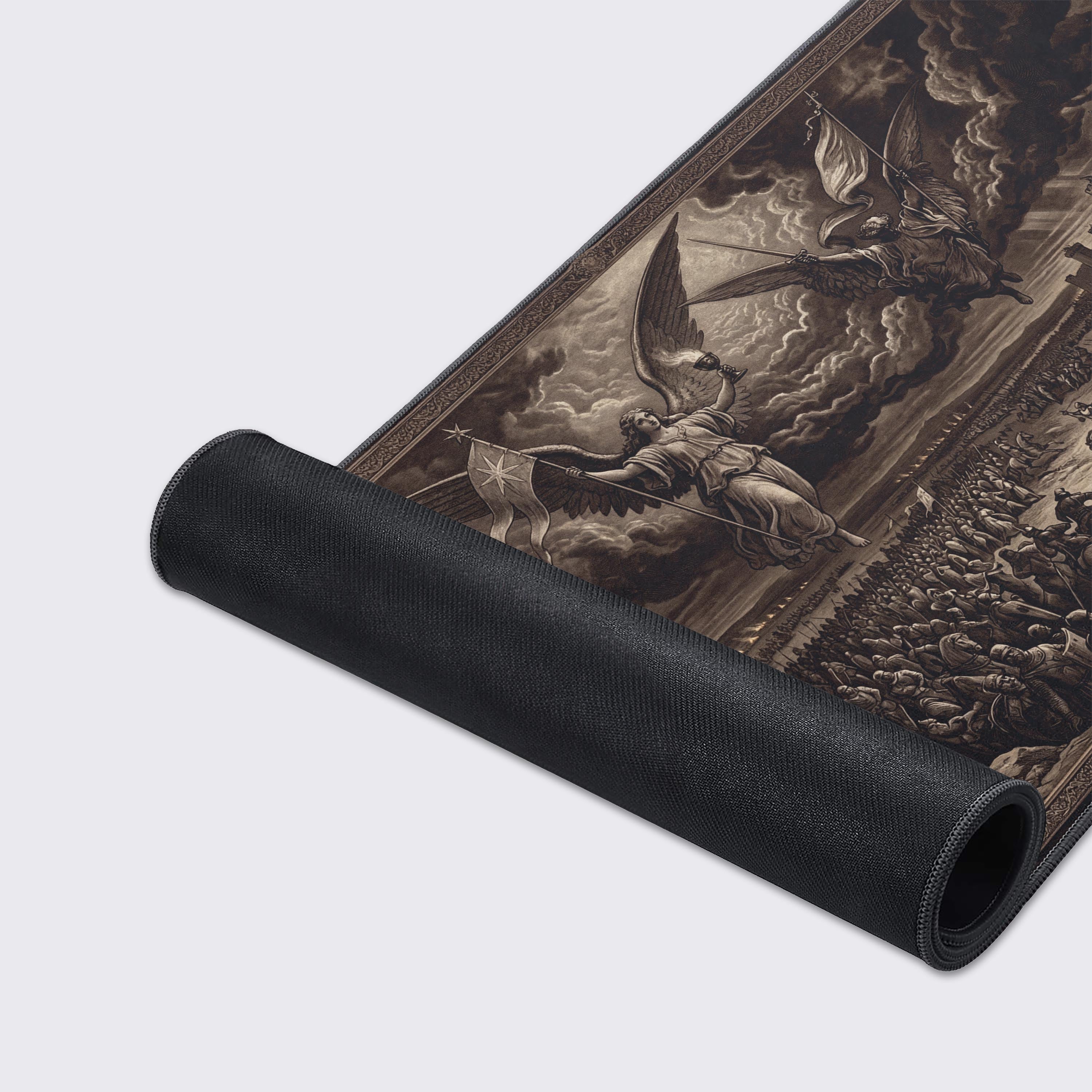 Close-up of the Divine Siege gaming desk mat's high-quality fabric texture and durable stitched edges. The intricate engraving-style art of knights and angels is clearly visible. - Epic Design Pads & Mousepads