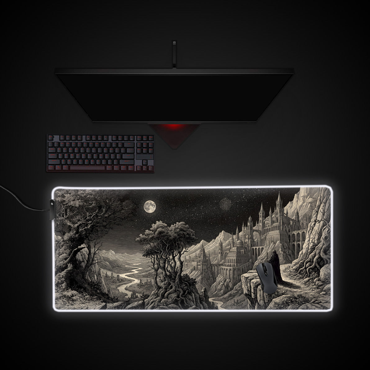 Pilgrim’s Precipice desk mat with RGB edge lighting