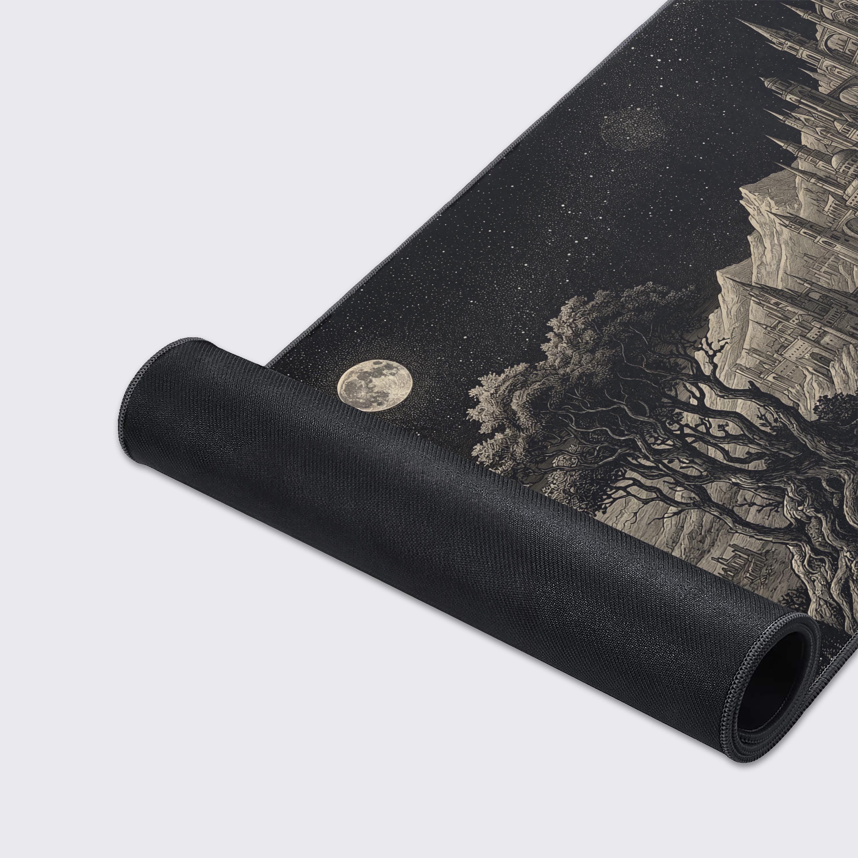 A close-up of the Pilgrim's Precipice Gaming Desk Mat showing the detailed etched artwork, high-quality fabric texture, and durable stitched edges. - Epic Design Pads & Mousepads