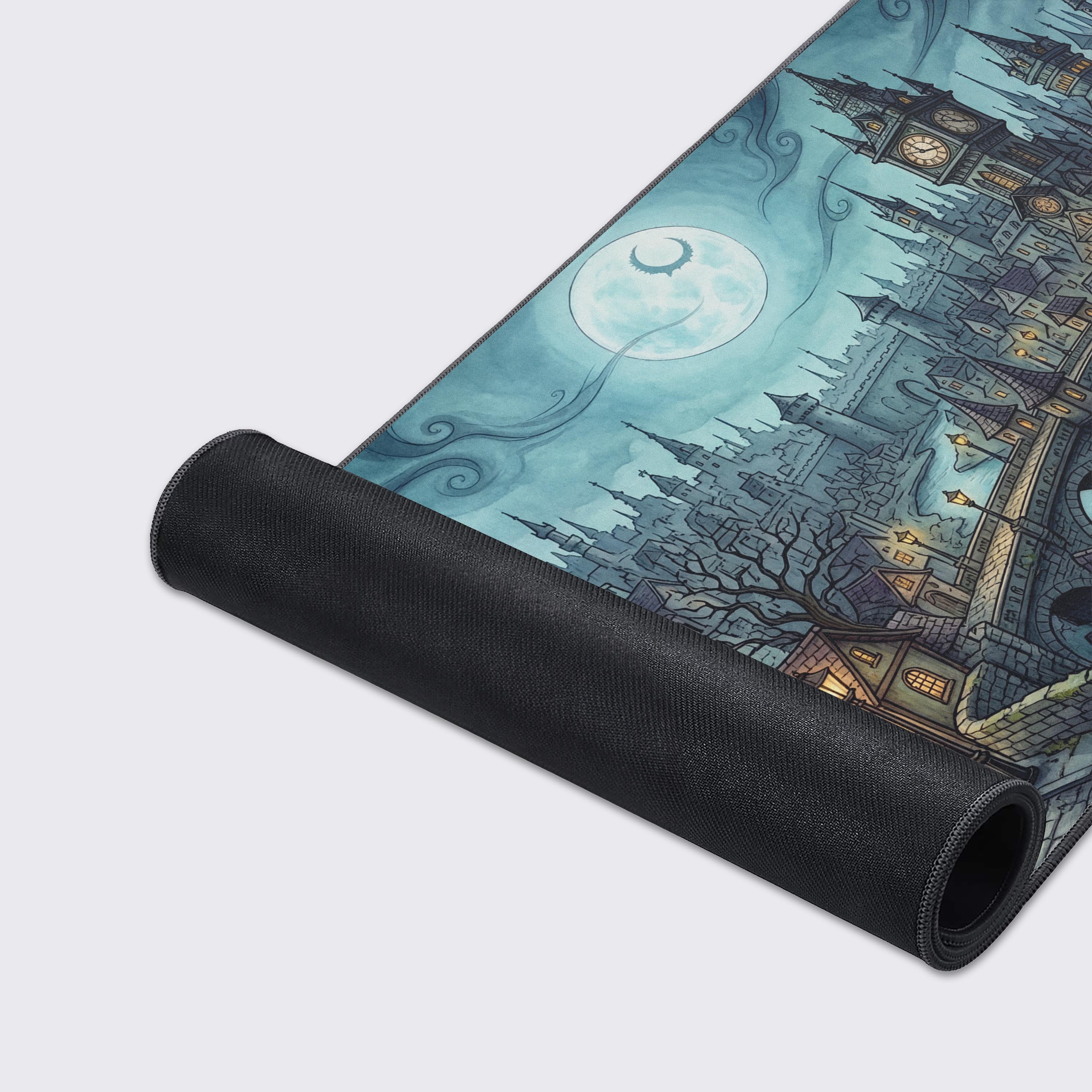 A close-up view of the Twilight Hollow gaming desk mat, showcasing the smooth fabric texture and anti-fray stitched edges of the detailed city illustration. - Epic Design Pads & Mousepads