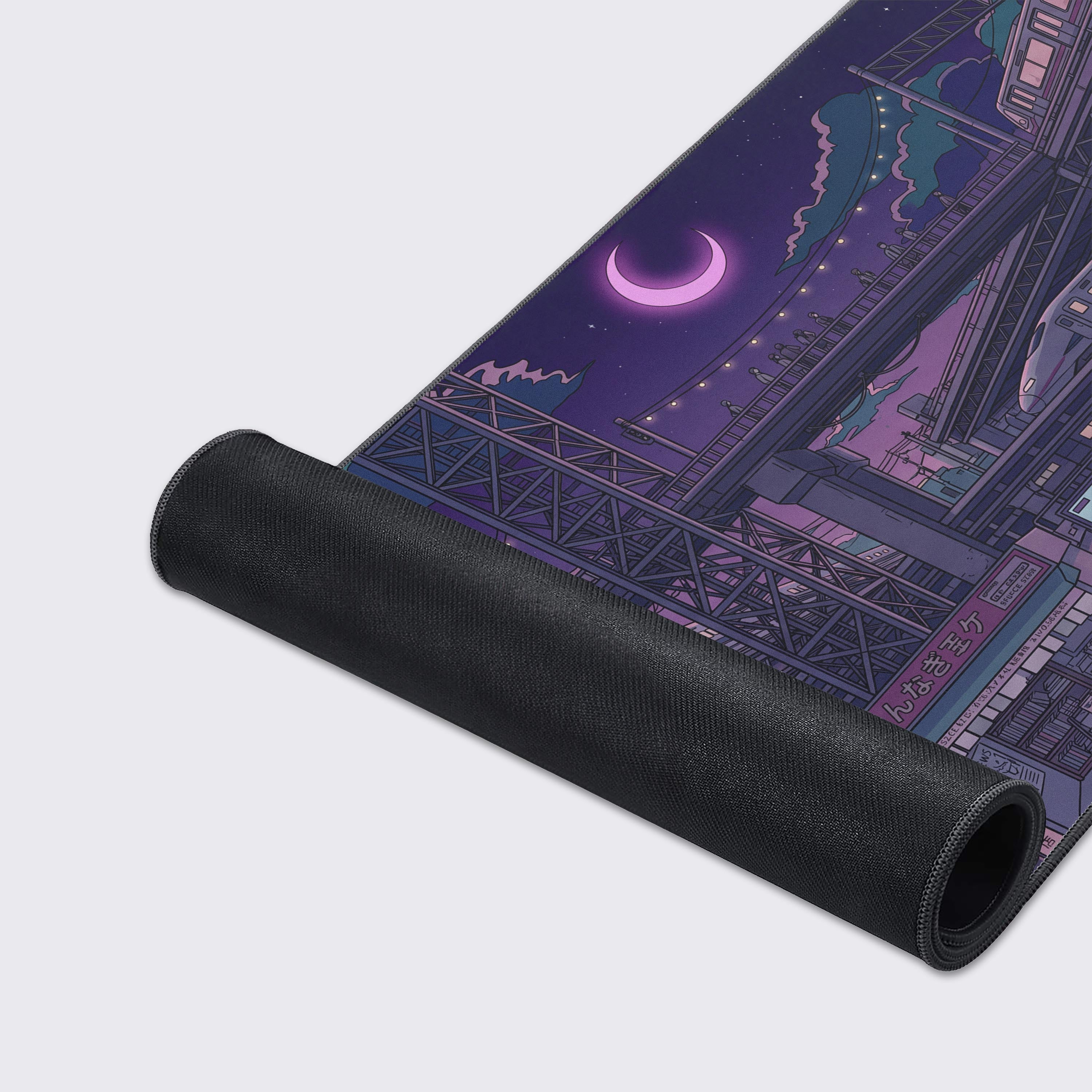 A close-up of the Midnight Station gaming desk mat, highlighting the smooth texture and durable stitched edges of the purple lo-fi city artwork. - Epic Design Pads & Mousepads