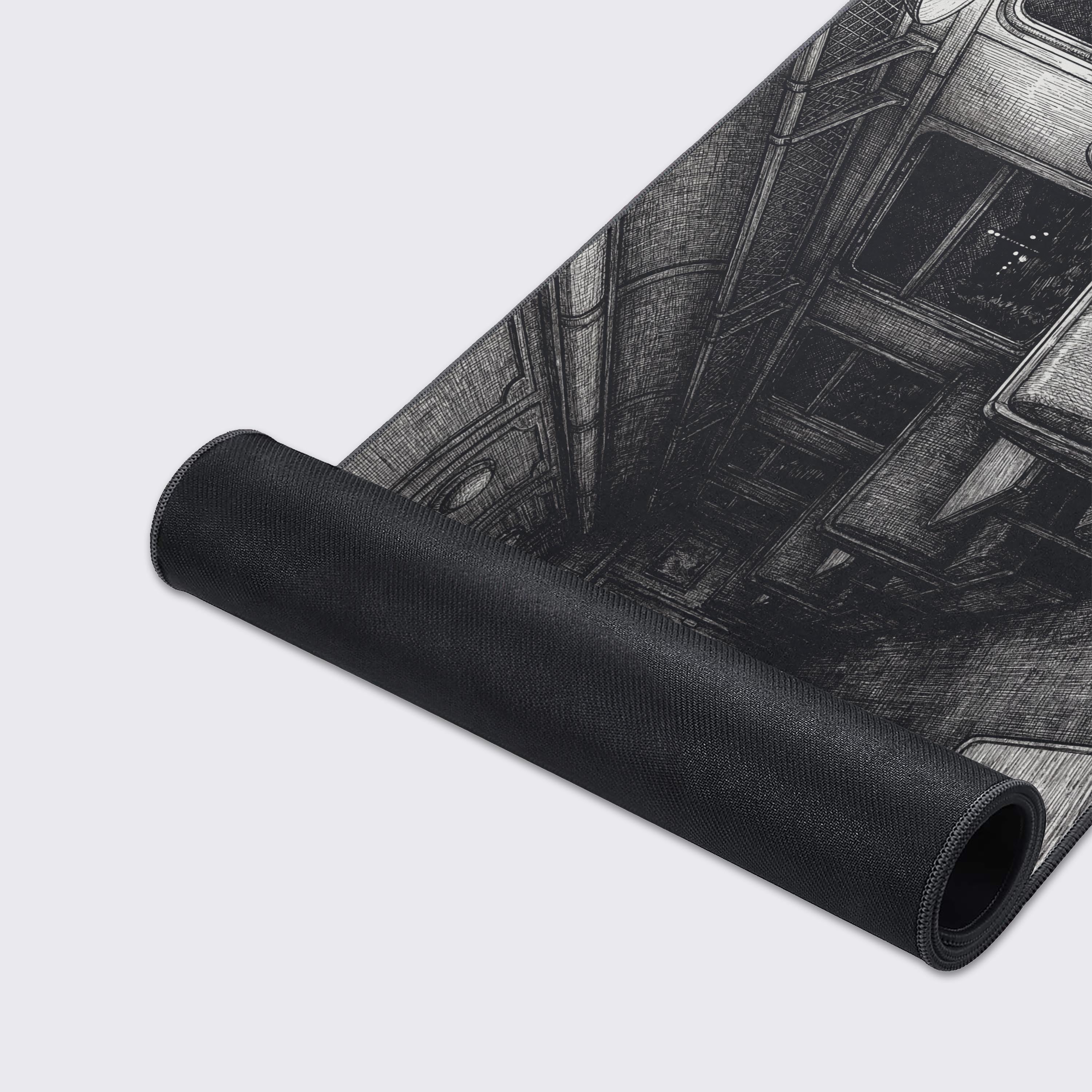 A close-up of the Night Train mouse pad showcasing its detailed ink-style art, smooth texture, and durable stitched edges for long-lasting use. - Epic Design Pads & Mousepads