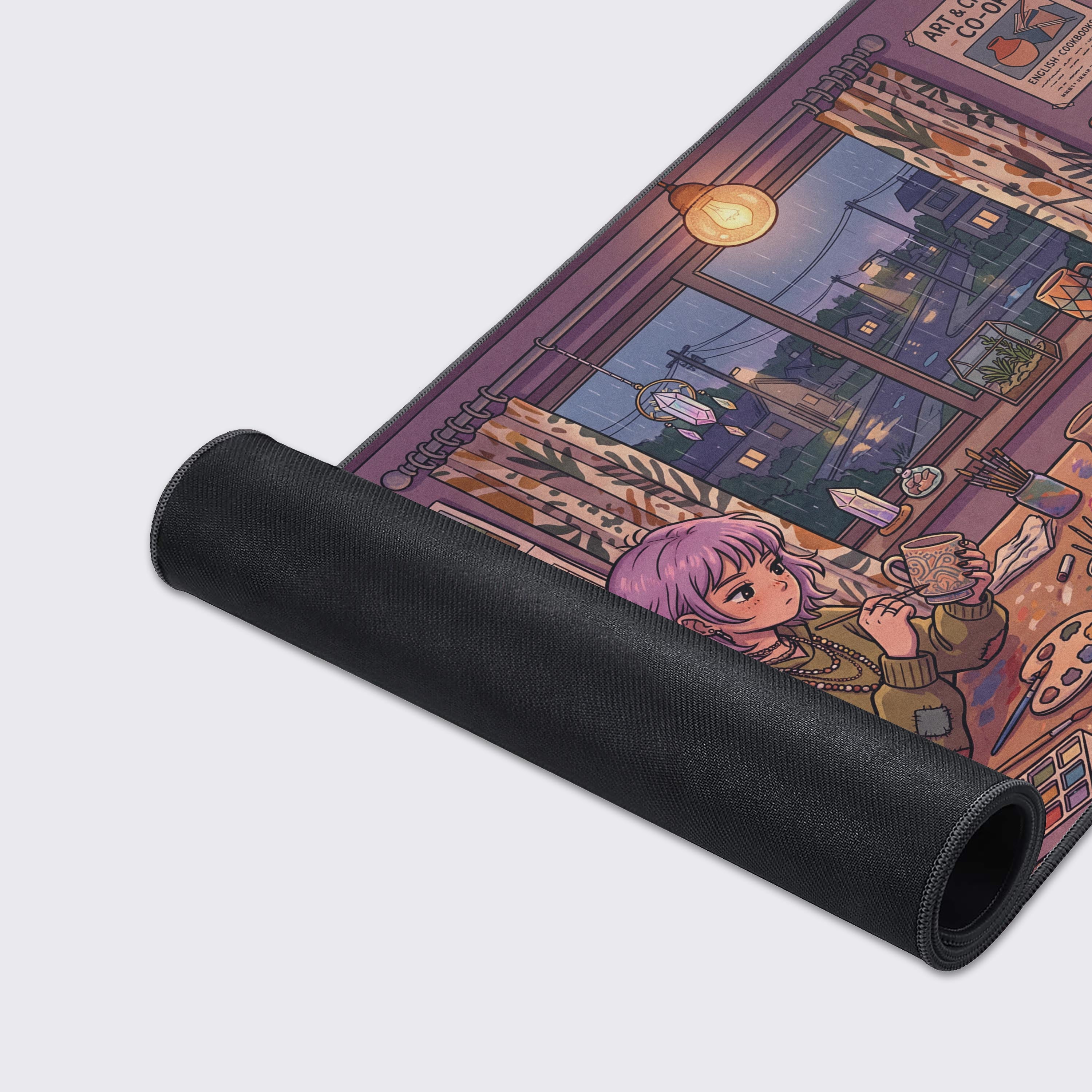 A close-up of the Cozy Craft Room gaming desk mat, highlighting the smooth fabric texture and durable stitched edges. The detailed artwork of the anime art studio is clearly visible. - Epic Design Pads & Mousepads