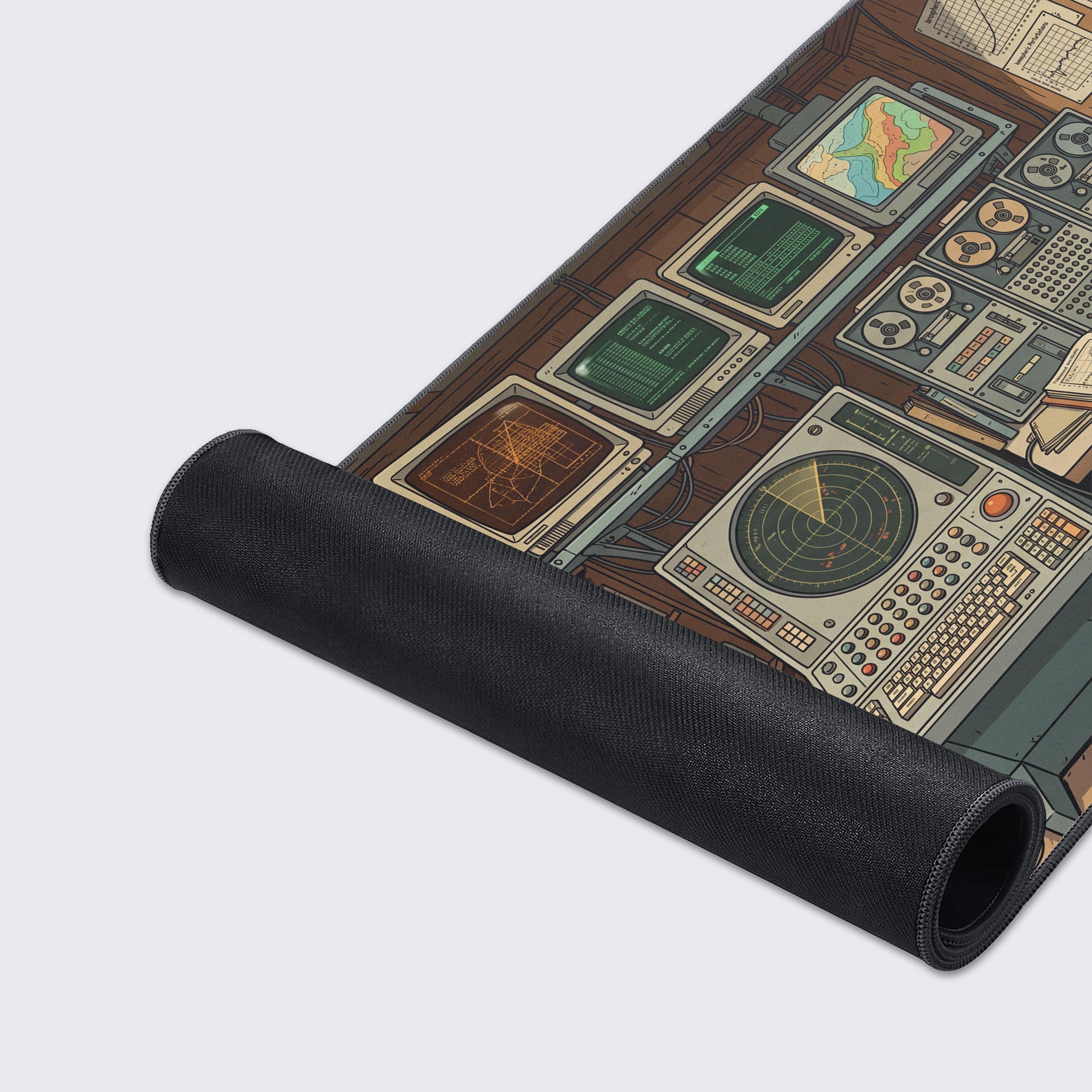 A close-up of the Analog Command Center mouse pad, highlighting the detailed retro tech illustration and durable anti-fray stitched edges. - Epic Design Pads & Mousepads