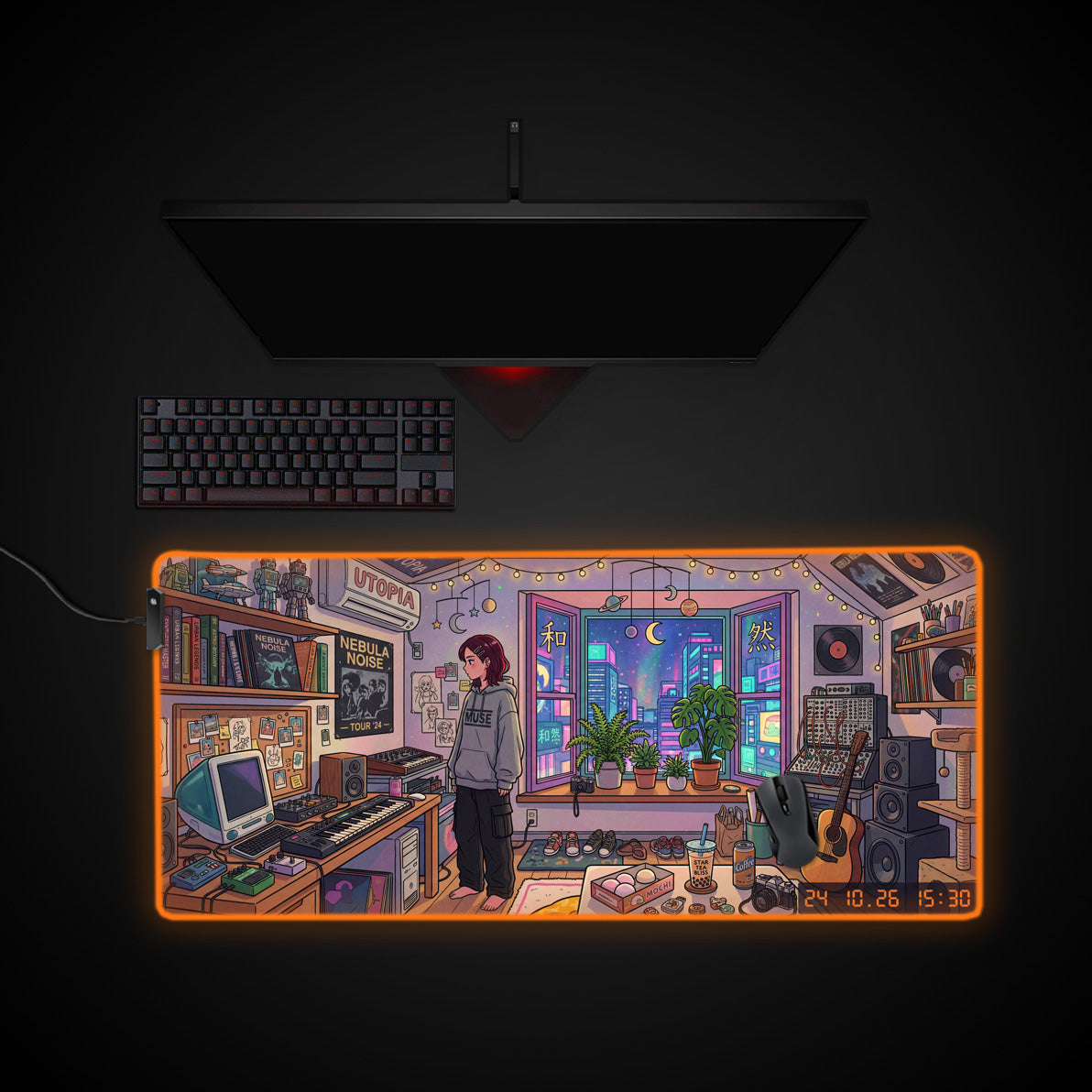 Neon Synth Studio desk mat with RGB edge lighting