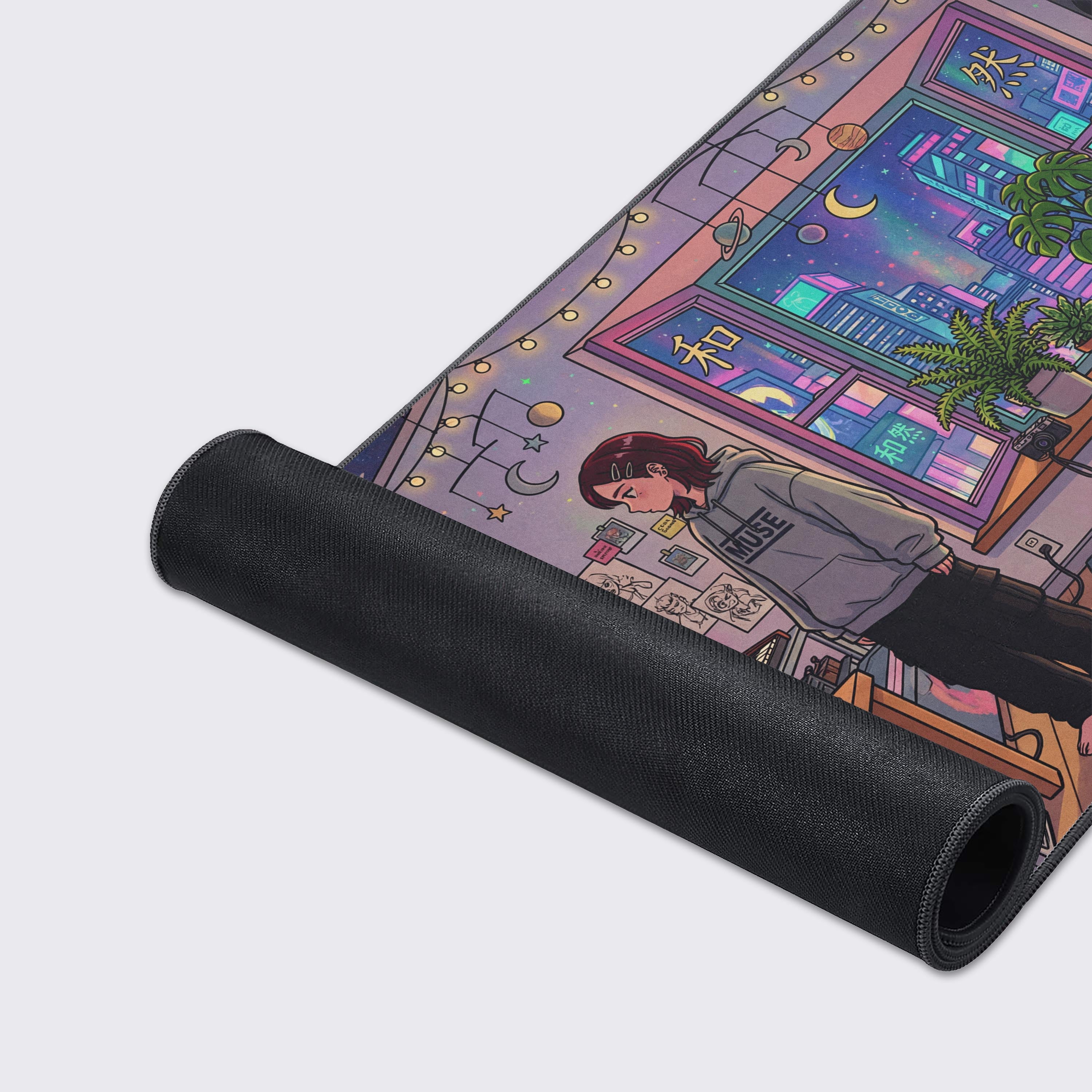 A close-up of the Neon Synth Studio gaming desk mat, highlighting the smooth fabric texture and durable anti-fray stitched edges. - Epic Design Pads & Mousepads