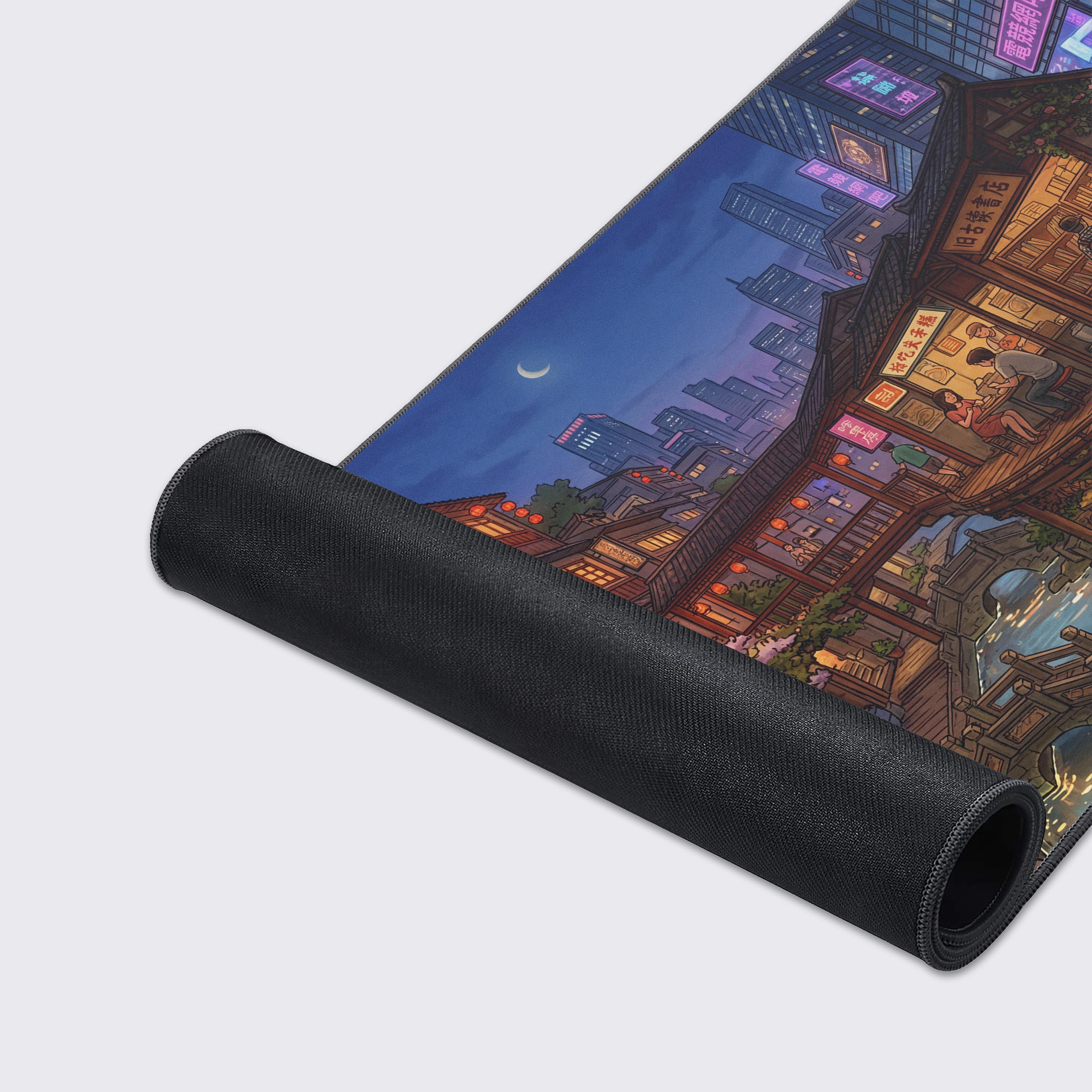 A close-up of the Hidden Tea Village gaming desk mat highlighting the smooth fabric texture, detailed artwork, and durable anti-fray stitched edges. - Epic Design Pads & Mousepads