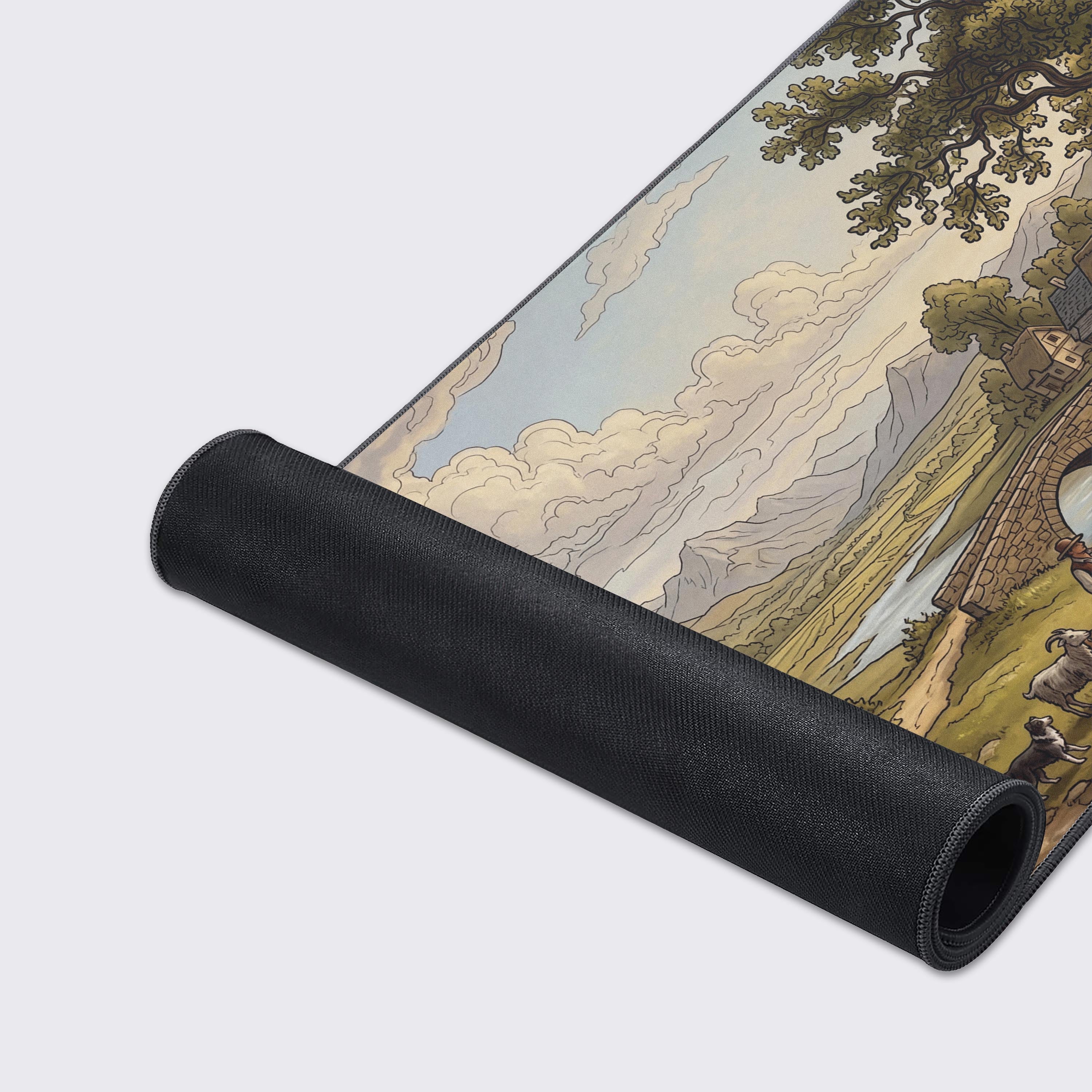 A close-up of the durable stitched edges and smooth fabric surface of the Rustic Watermill gaming desk mat, showcasing the detailed village illustration. - Epic Design Pads & Mousepads