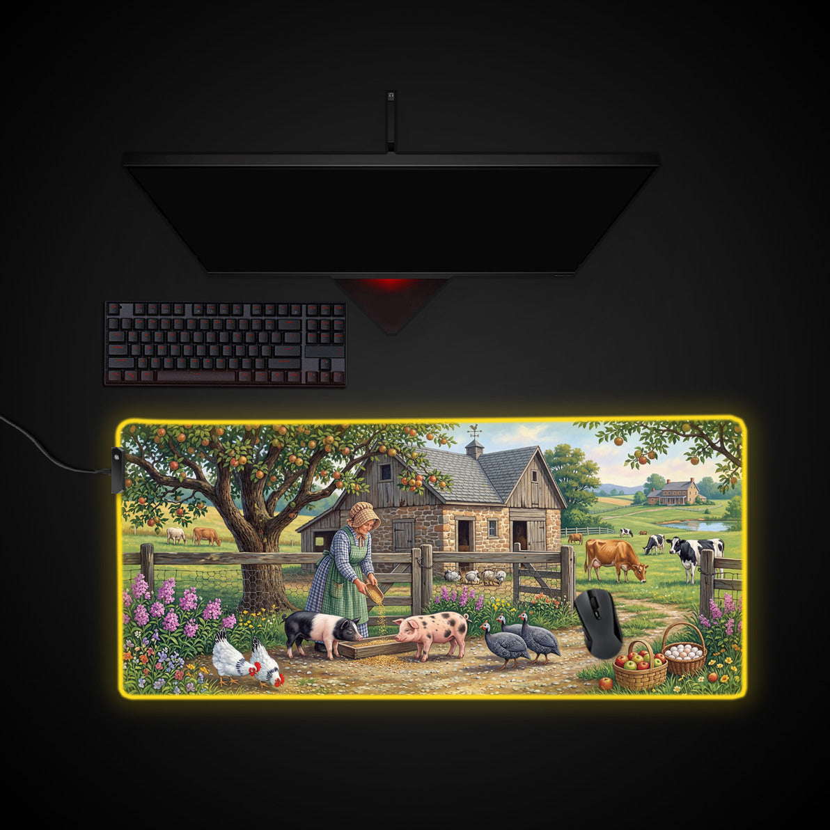 Old World Homestead desk mat with RGB edge lighting