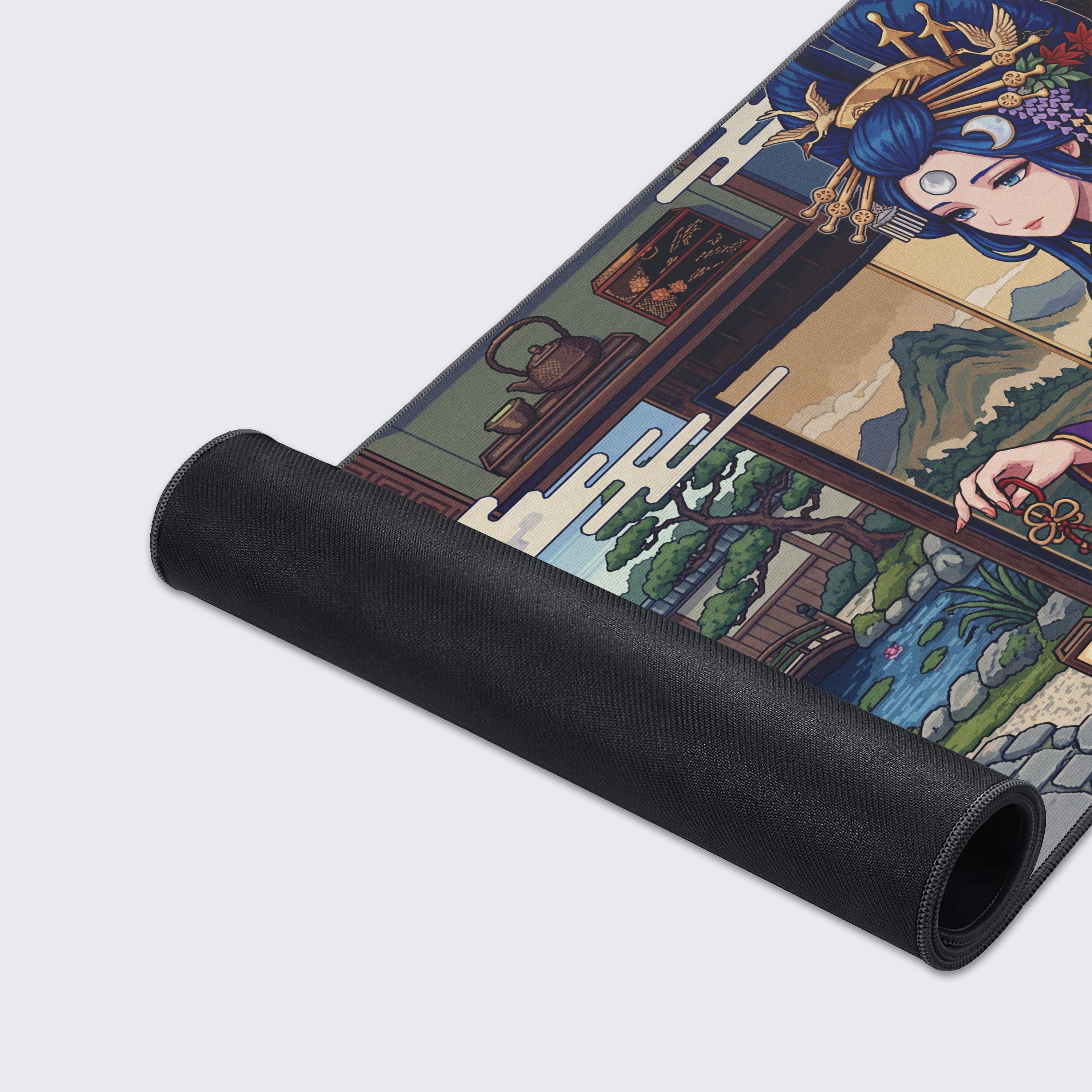 Close-up of the Lunar Empress mouse pad showcasing the smooth fabric texture, durable stitched edges, and intricate anime empress pixel art design. - Epic Design Pads & Mousepads