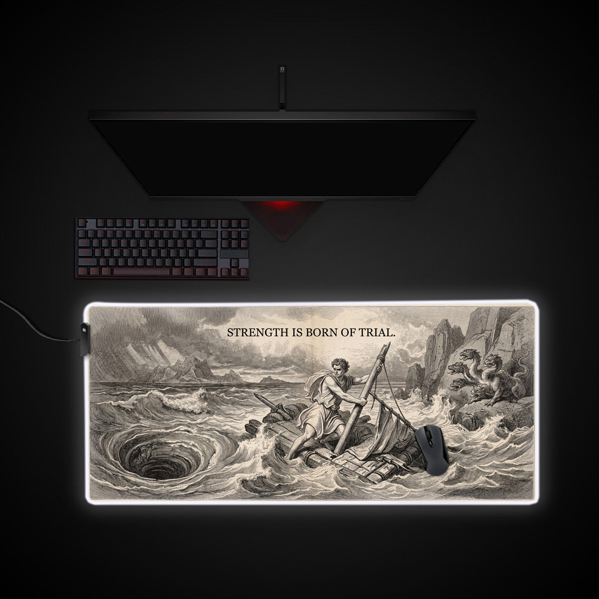 Strength is Born of Trial desk mat with RGB edge lighting