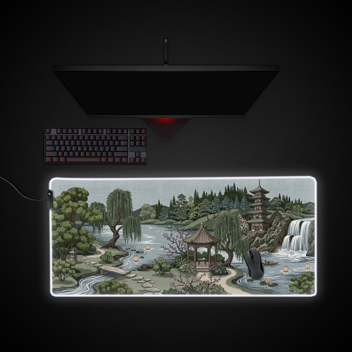 Zen Garden Escape desk mat with RGB edge lighting