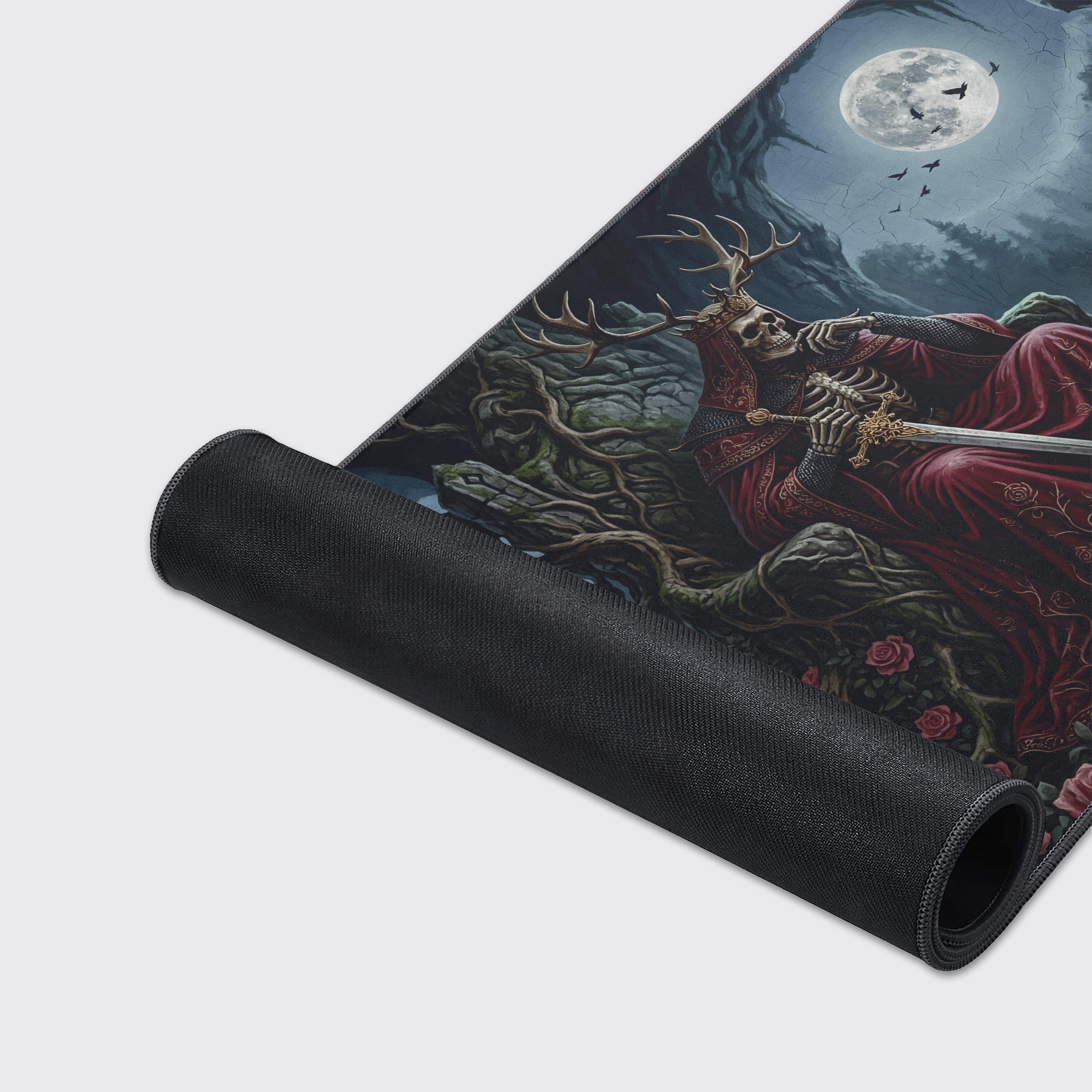 A close-up of the Rose King Throne gaming desk mat, highlighting the detailed art of the skeleton king and the high-quality stitched edges. - Epic Design Pads & Mousepads