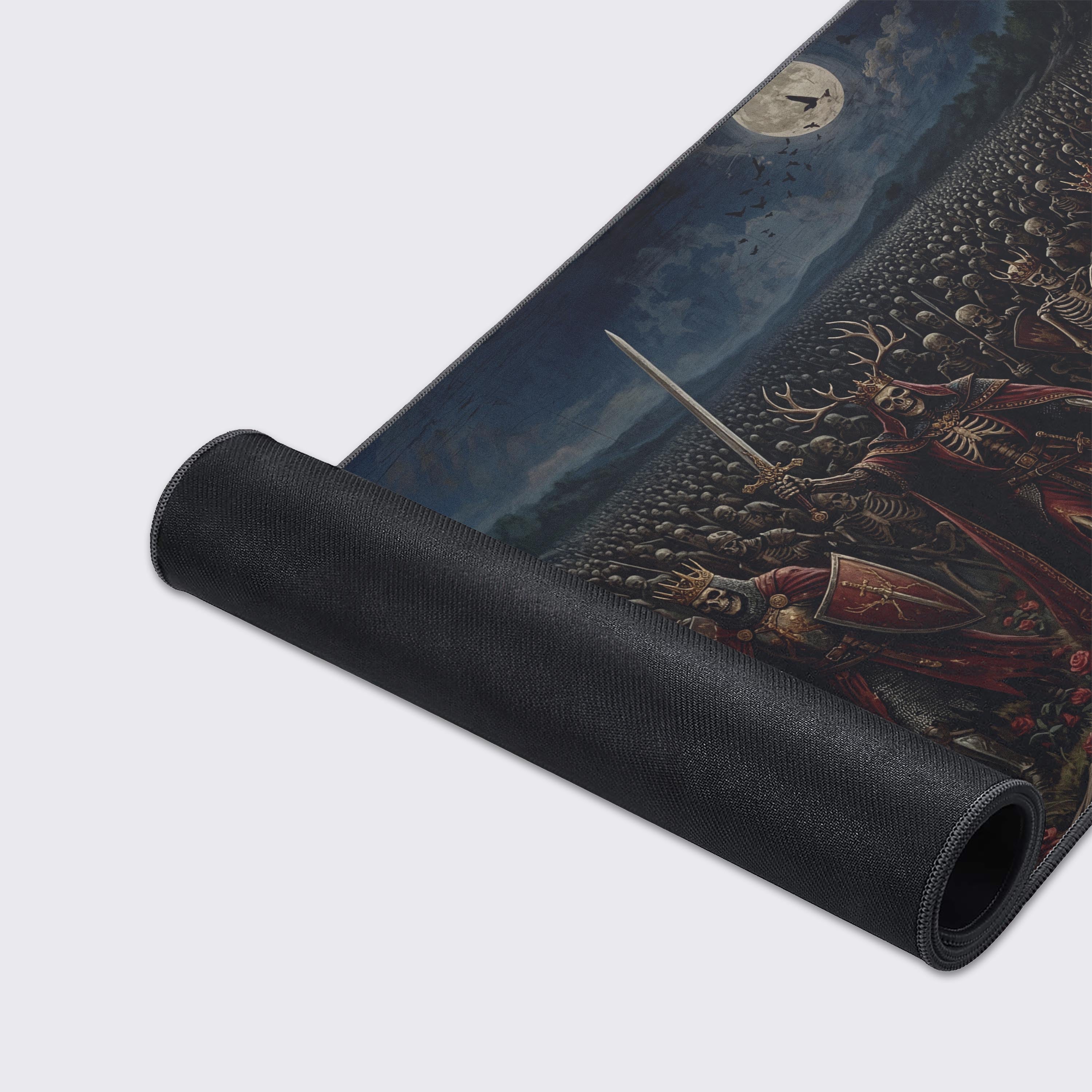 Close-up of the Undead Rose Army gaming desk mat, highlighting the smooth texture, anti-fray stitched edges, and detailed artwork of skeleton knights. - Epic Design Pads & Mousepads