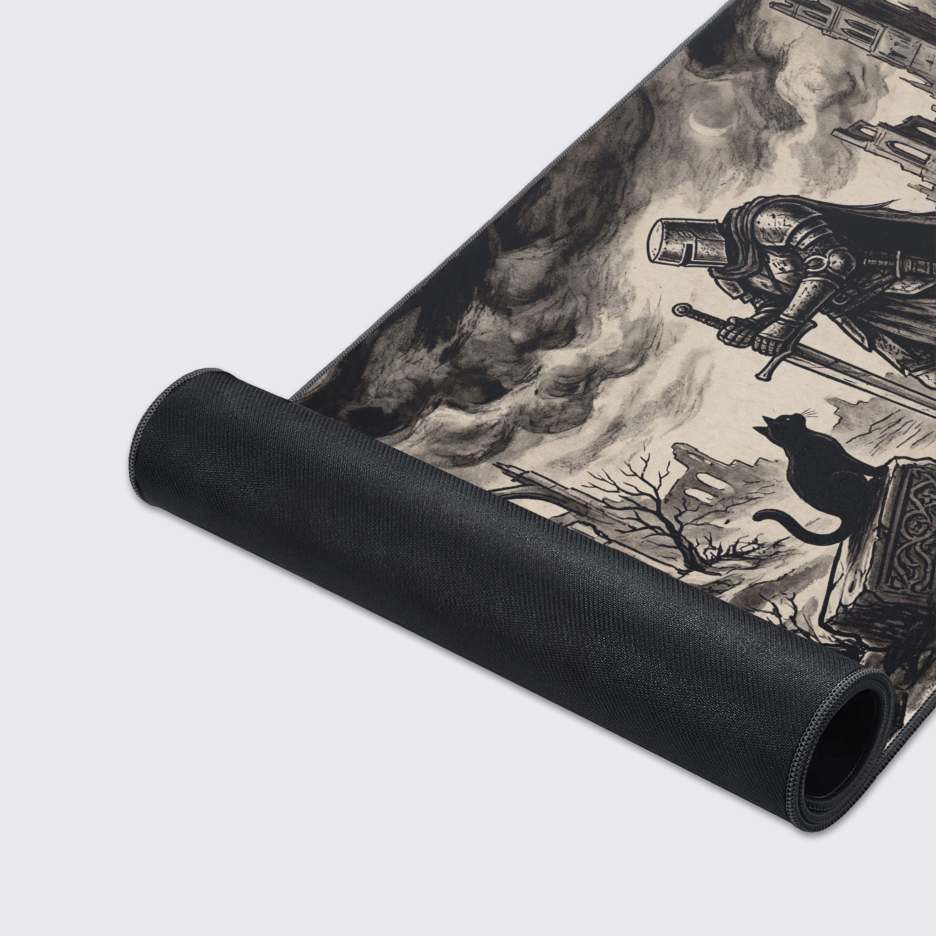 A close-up of the Silent Companion gaming desk mat showing the durable stitched edges and smooth fabric texture of the dark fantasy knight artwork. - Epic Design Pads & Mousepads