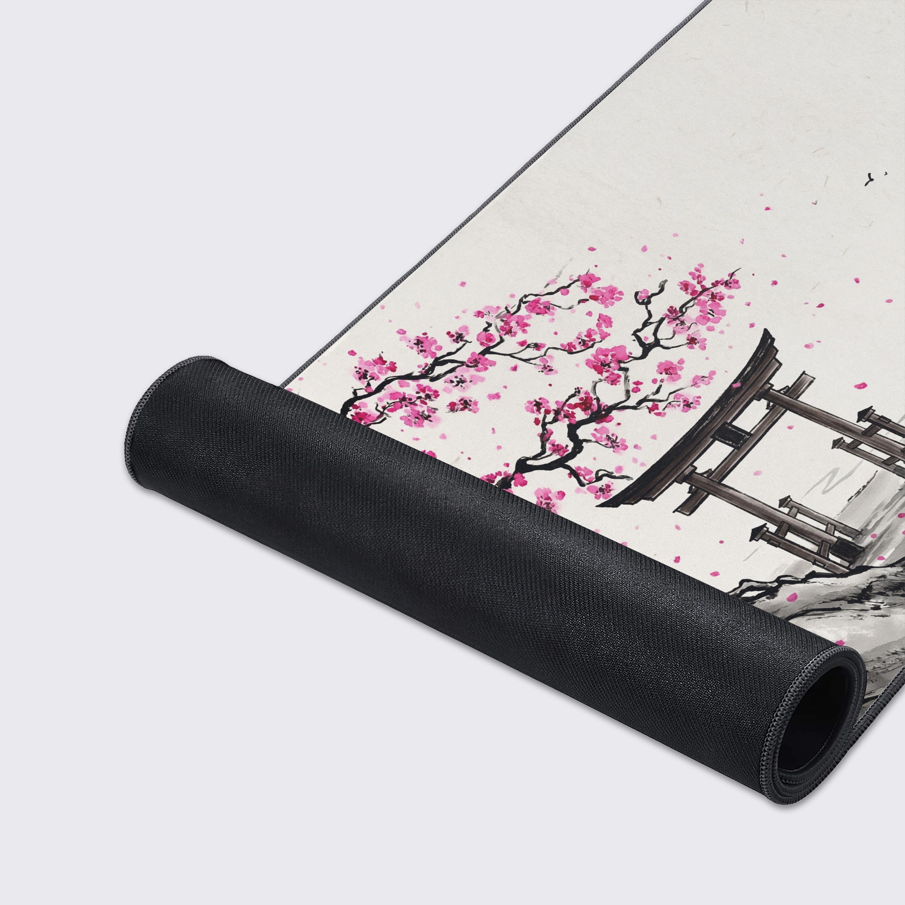 Close-up of the Ephemeral Bloom mouse pad's high-quality fabric texture and stitched edges, showcasing the detailed ink wash art of the Torii gate. - Epic Design Pads & Mousepads