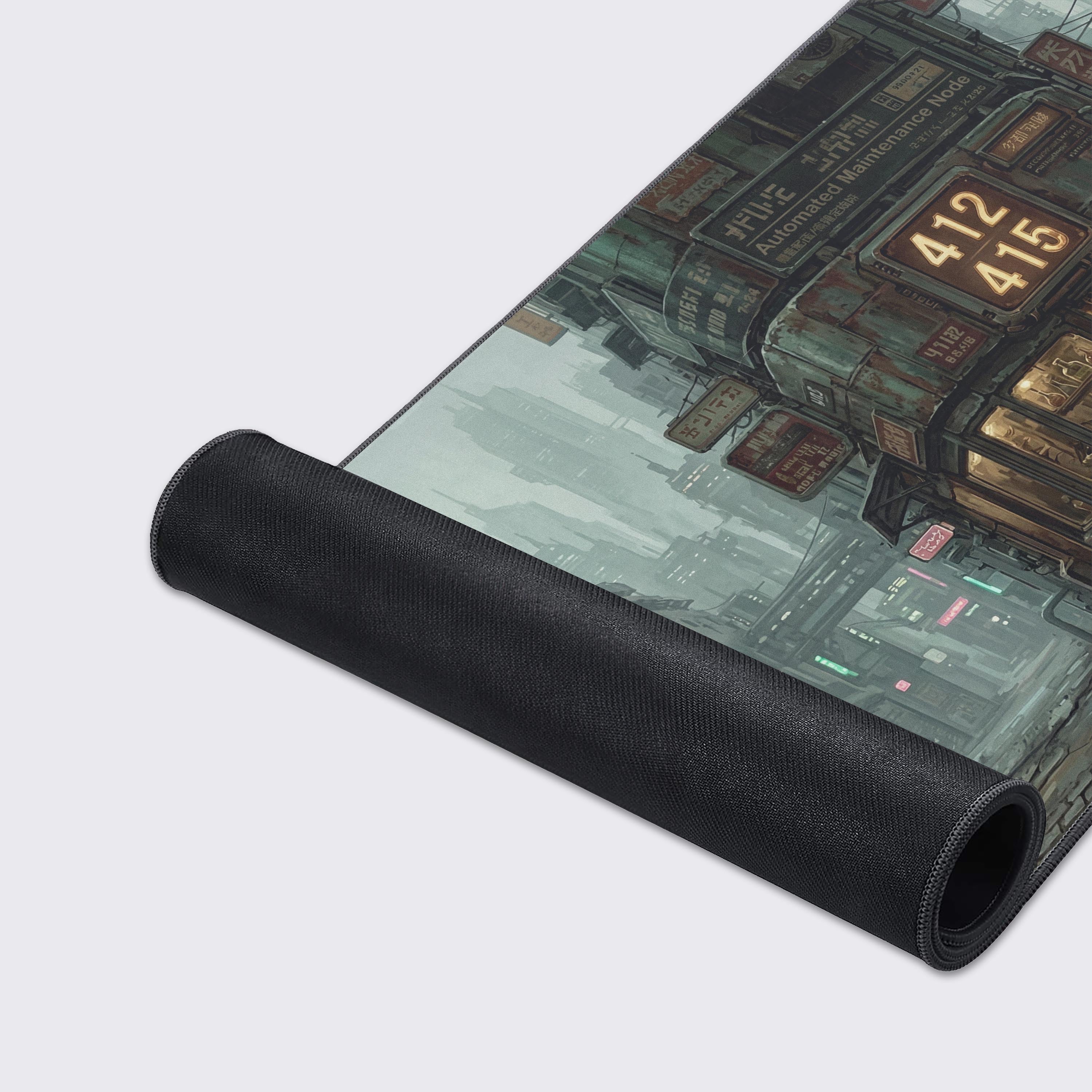 Close-up of the Maintenance Node mouse pad's high-quality fabric texture and durable stitched edges, highlighting the detailed cyberpunk artwork. - Epic Design Pads & Mousepads