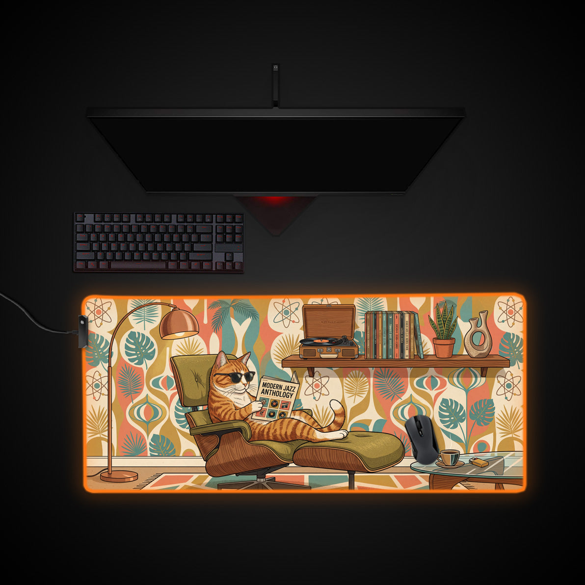Jazz Cat Lounge desk mat with RGB edge lighting