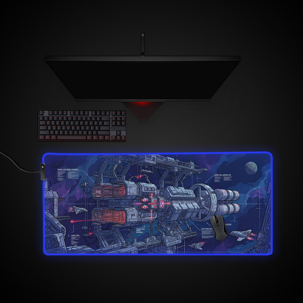 Starship Schematic desk mat with RGB edge lighting