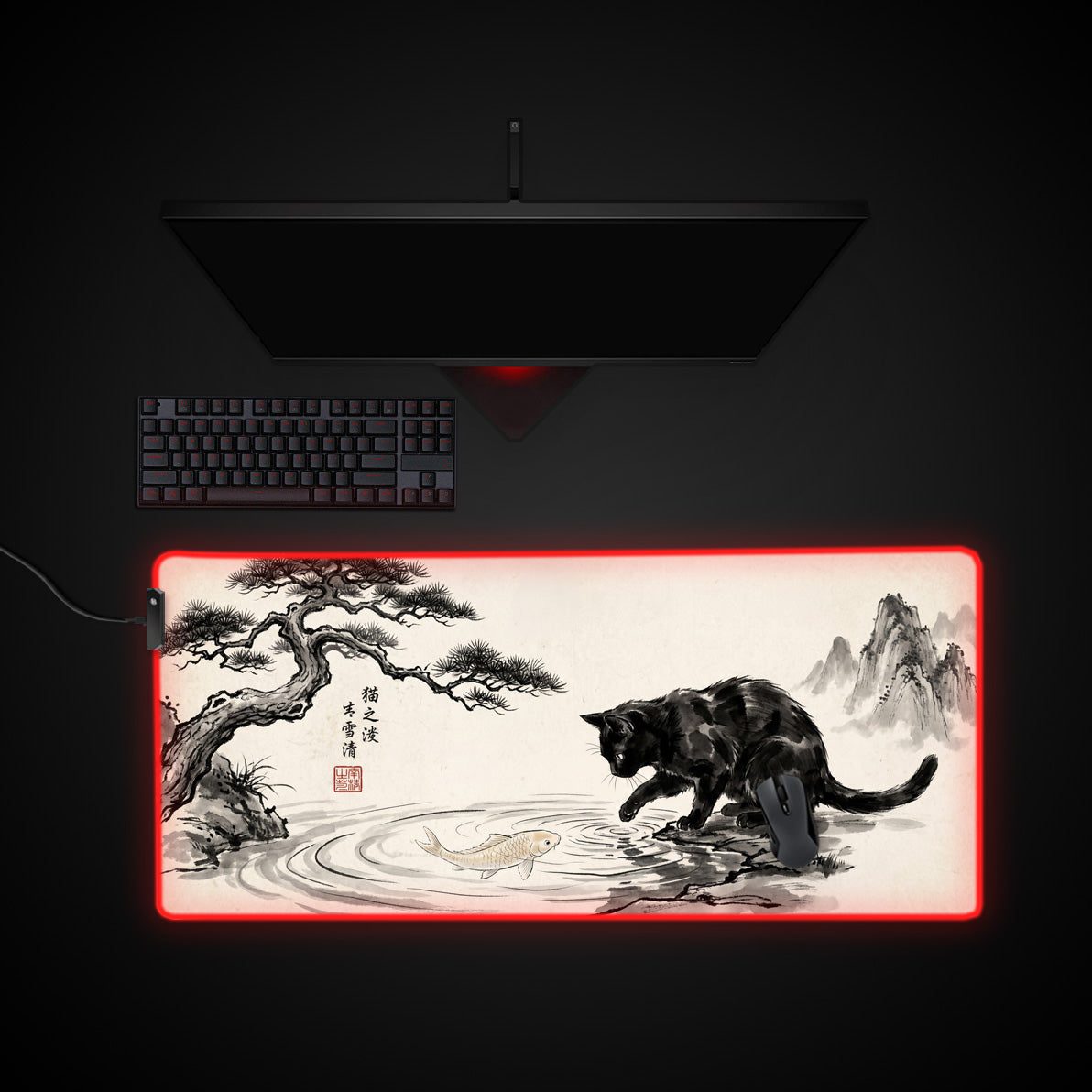 Ink Wash Cat desk mat with RGB edge lighting
