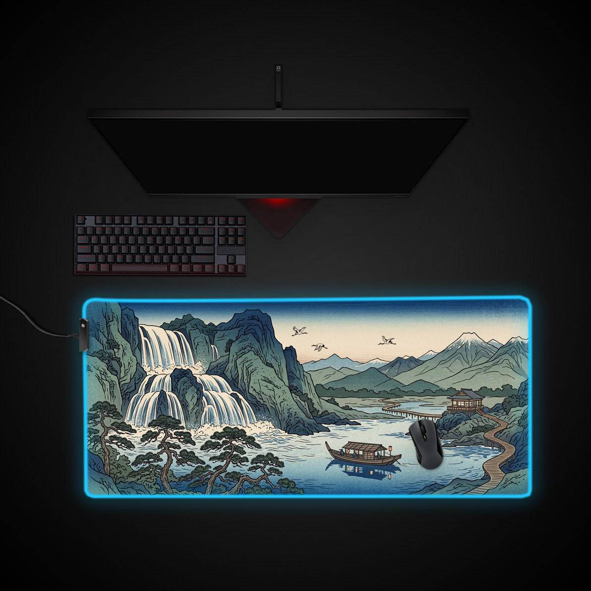 Fuji Waterfall desk mat with RGB edge lighting
