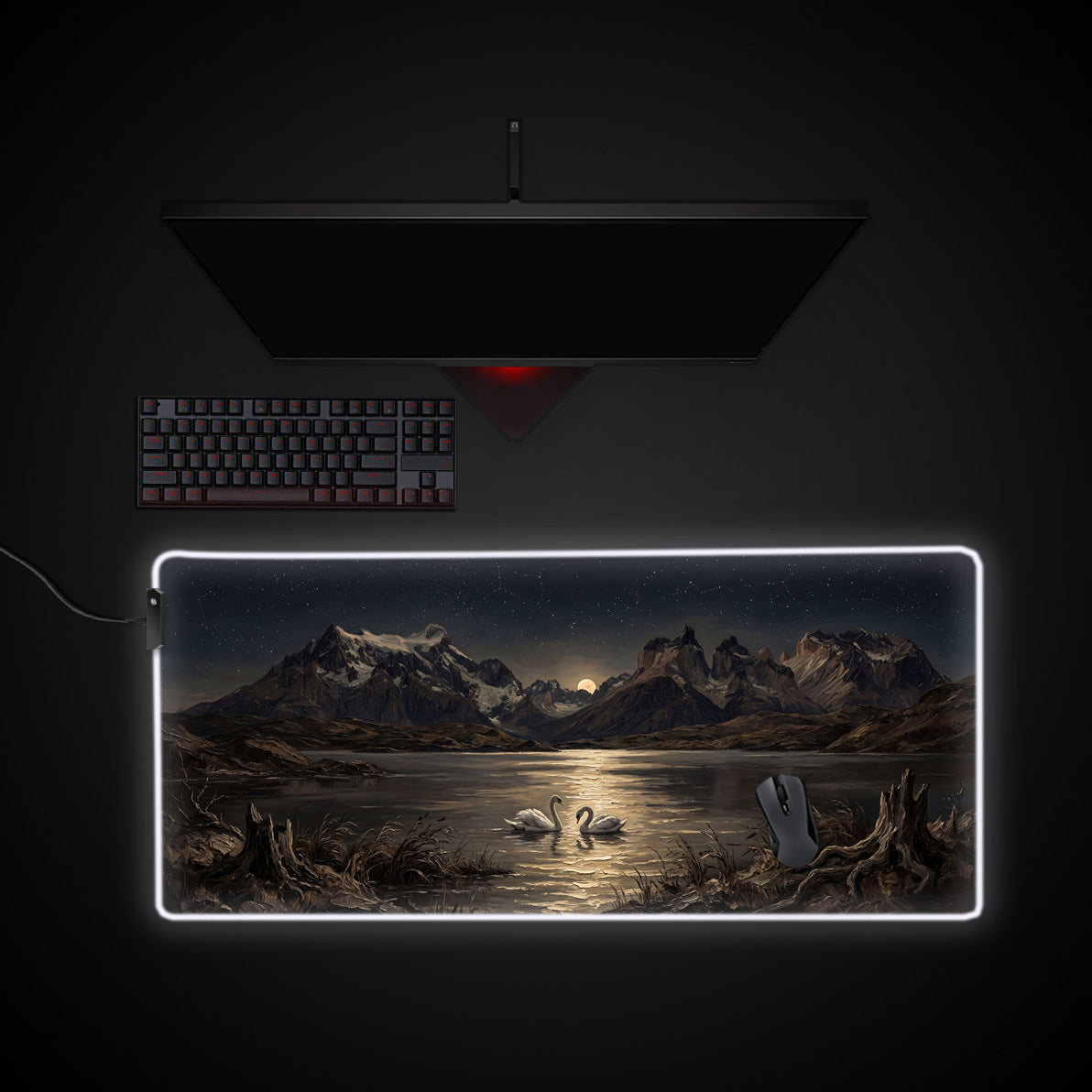 Moonlight Swans desk mat with RGB edge lighting