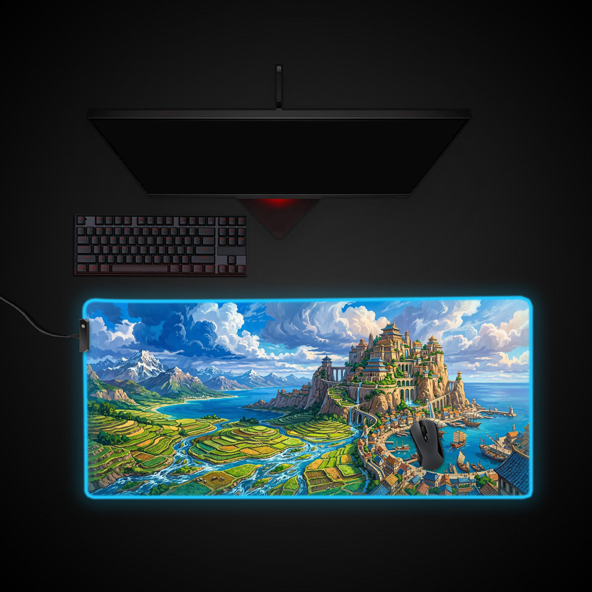 Coastal Cliff Citadel desk mat with RGB edge lighting