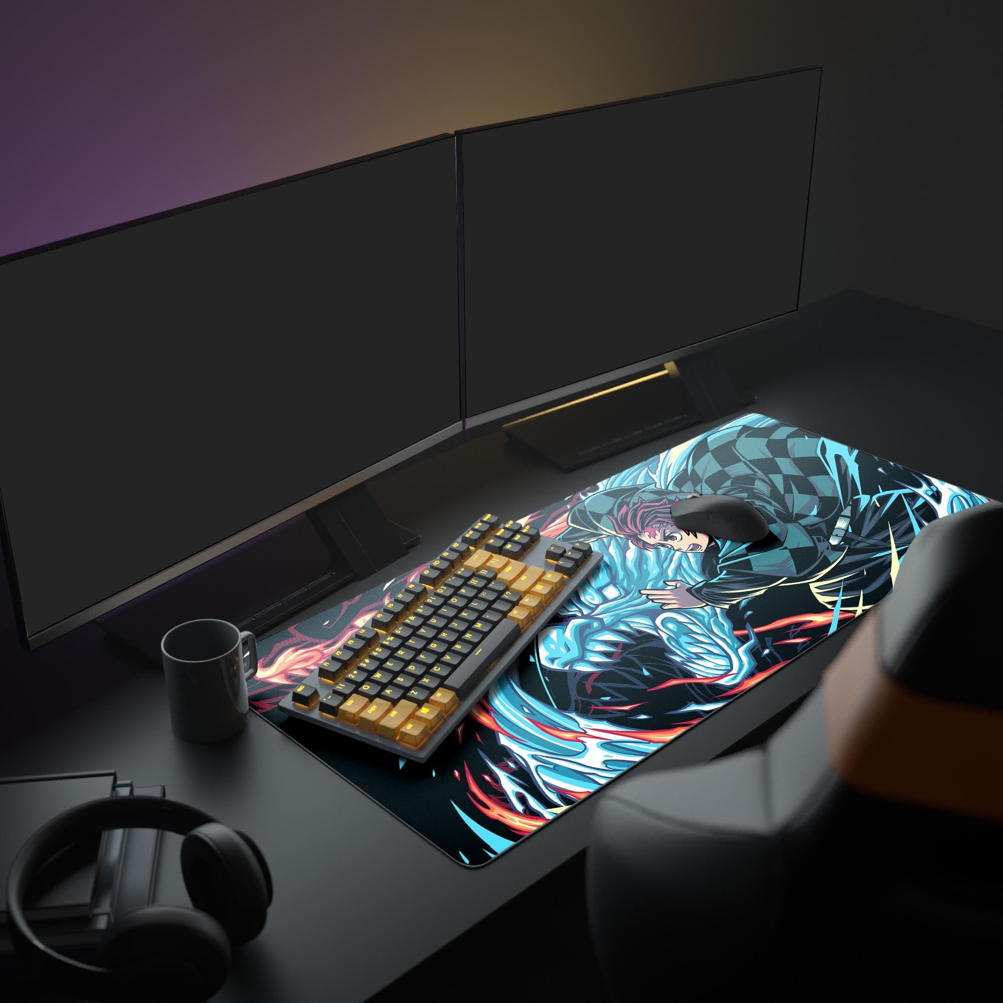 Cool desk setup with tanjiro desk mat, keyboard and mouse mat with cool tanjiro design, tanjiro setup accessories