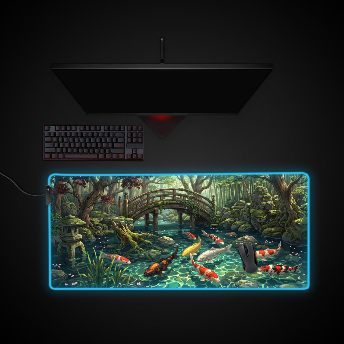 Tranquil Koi Pond desk mat with RGB edge lighting