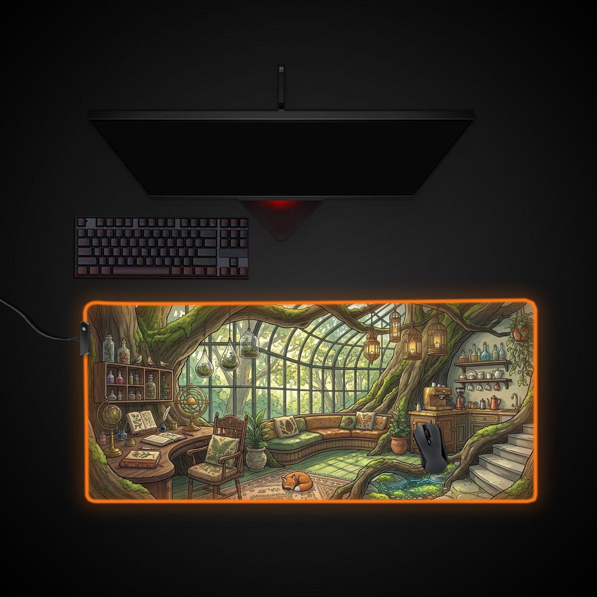 Botanical Treehouse desk mat with RGB edge lighting